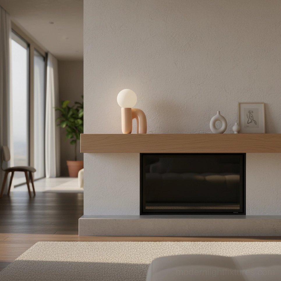 Modern N-shape light tan table lamp displayed on wooden fireplace mantel with home decor accessories