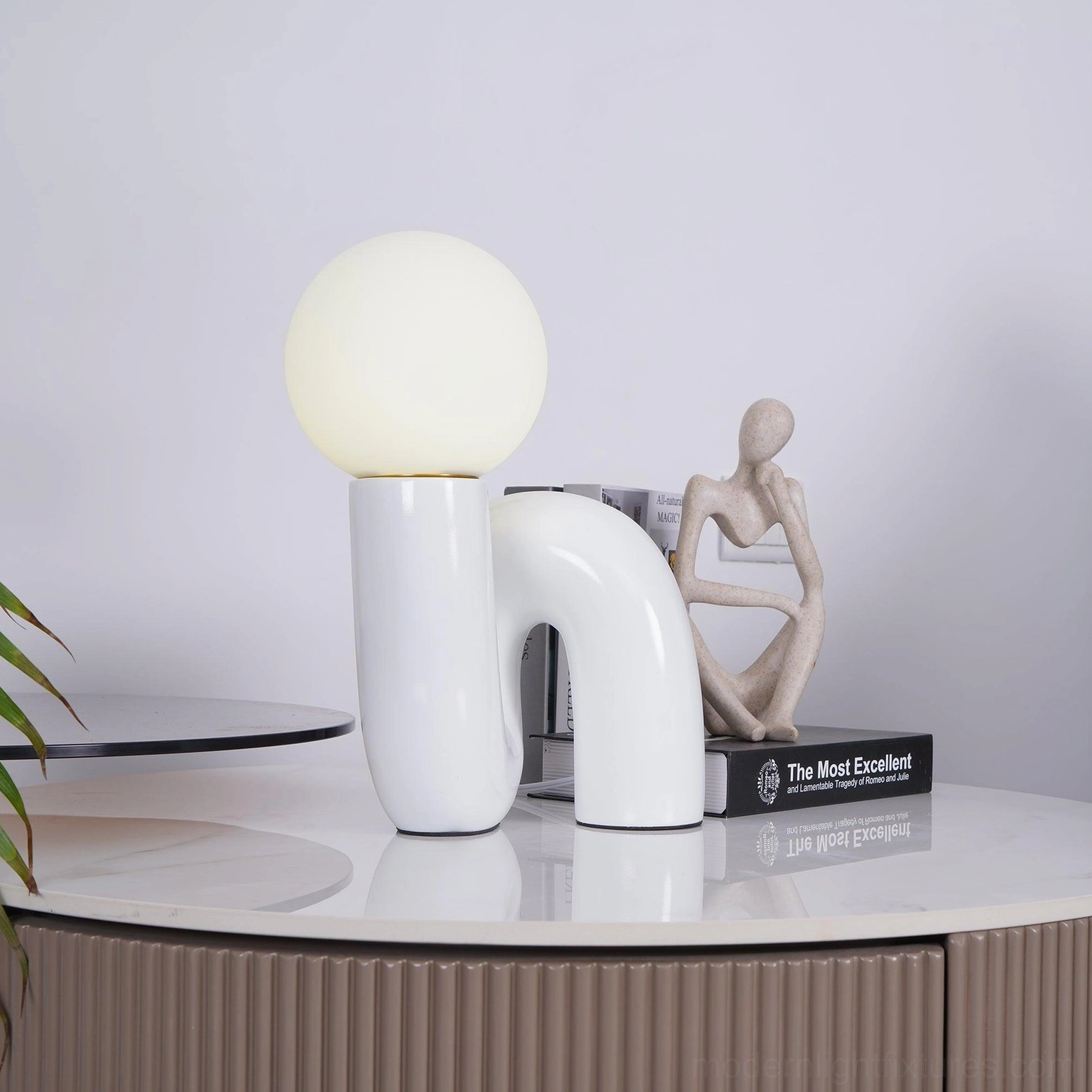 N-shape table lamp white ceramic base option with illuminated frosted glass diffuser