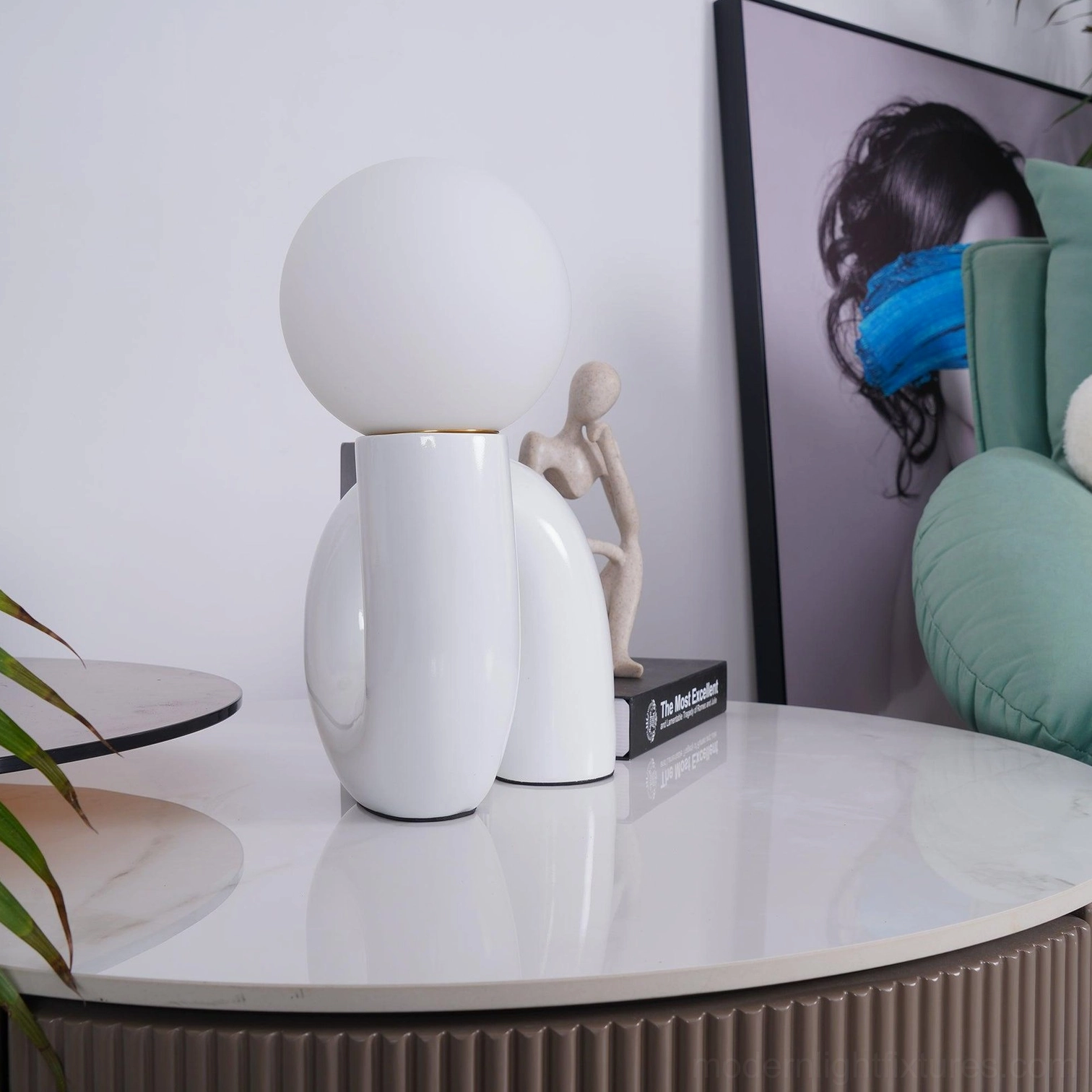 N-shape contemporary table lamp white ceramic base with frosted resin glass shade detail
