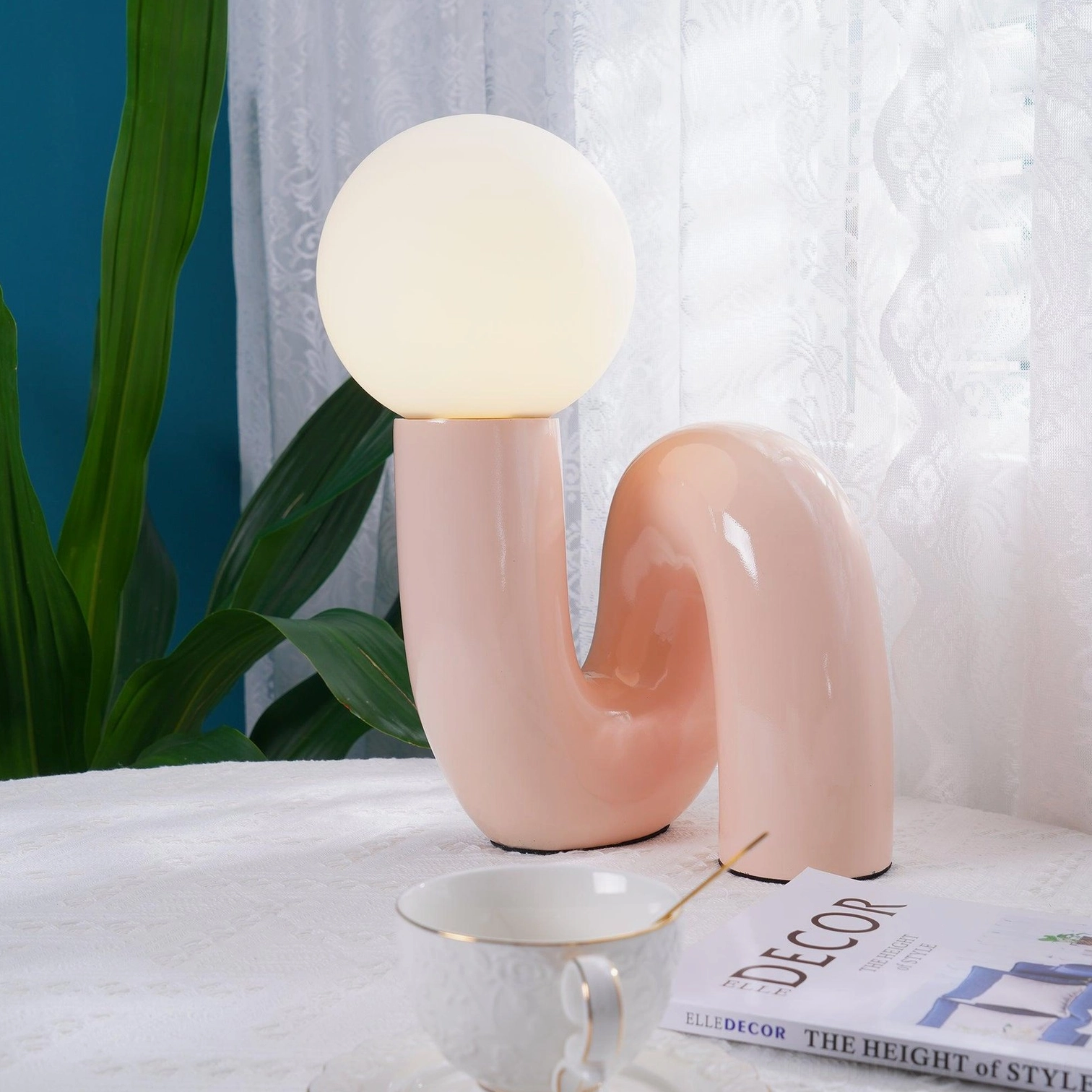 Modern N-shape glass table lamp blue ceramic base variant with frosted shade
