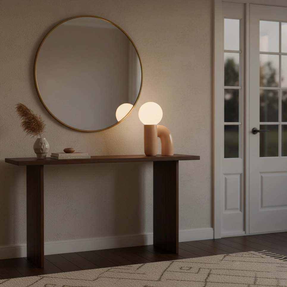 Two-tone brown N-shape ceramic table lamp under round wall mirror in contemporary entryway console area