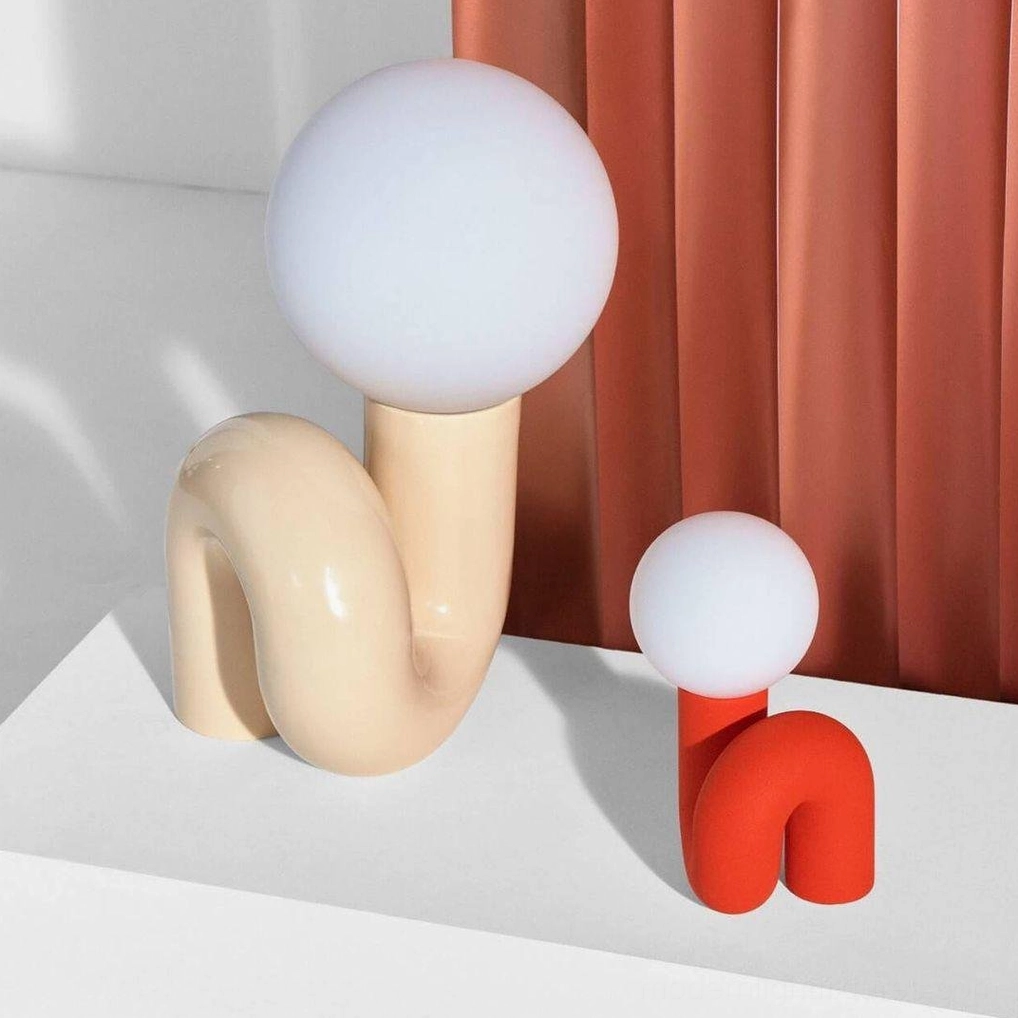 N-shape glass table lamp dark red ceramic base variant with frosted resin shade