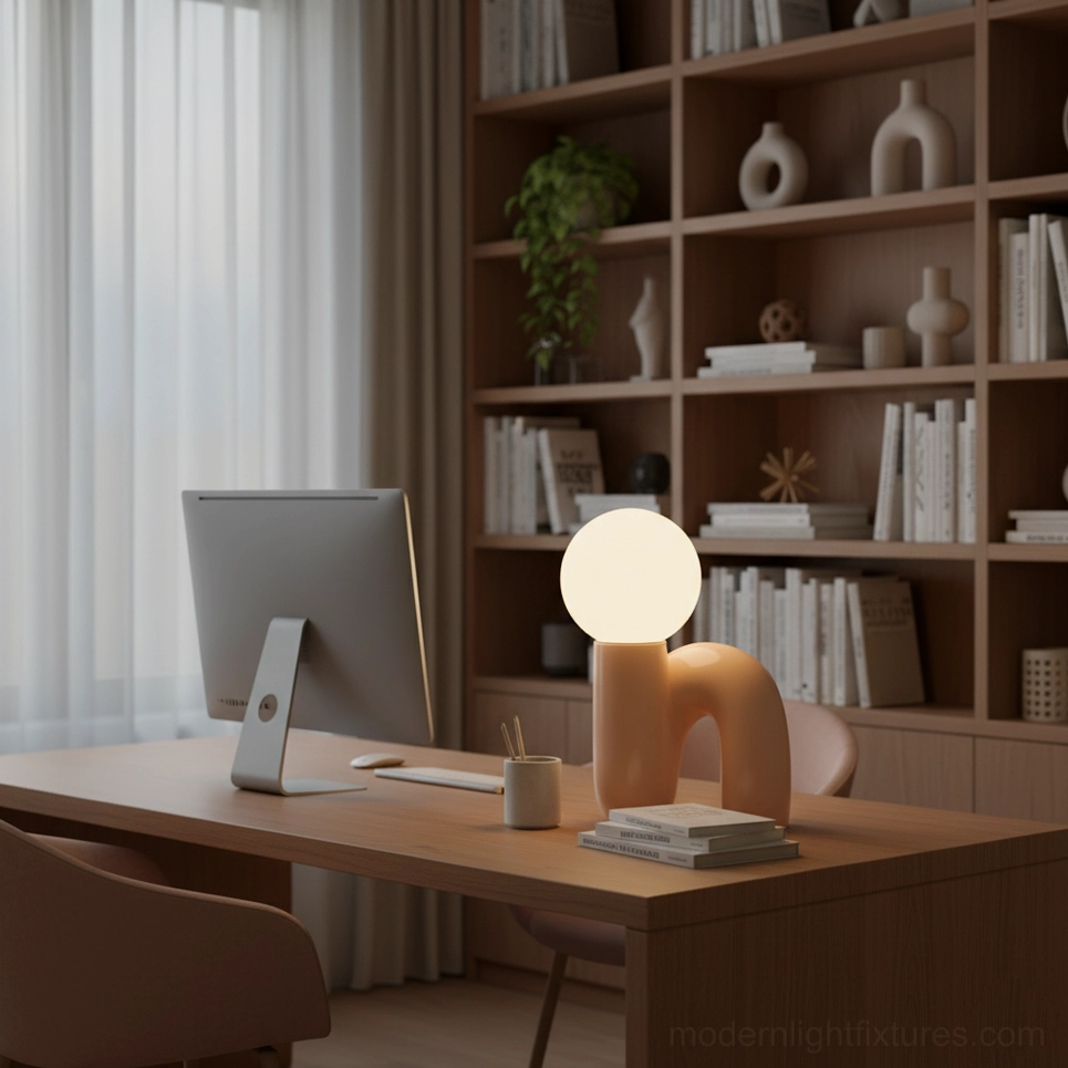 Contemporary N-shape table lamp with frosted glass shade providing soft diffused illumination
