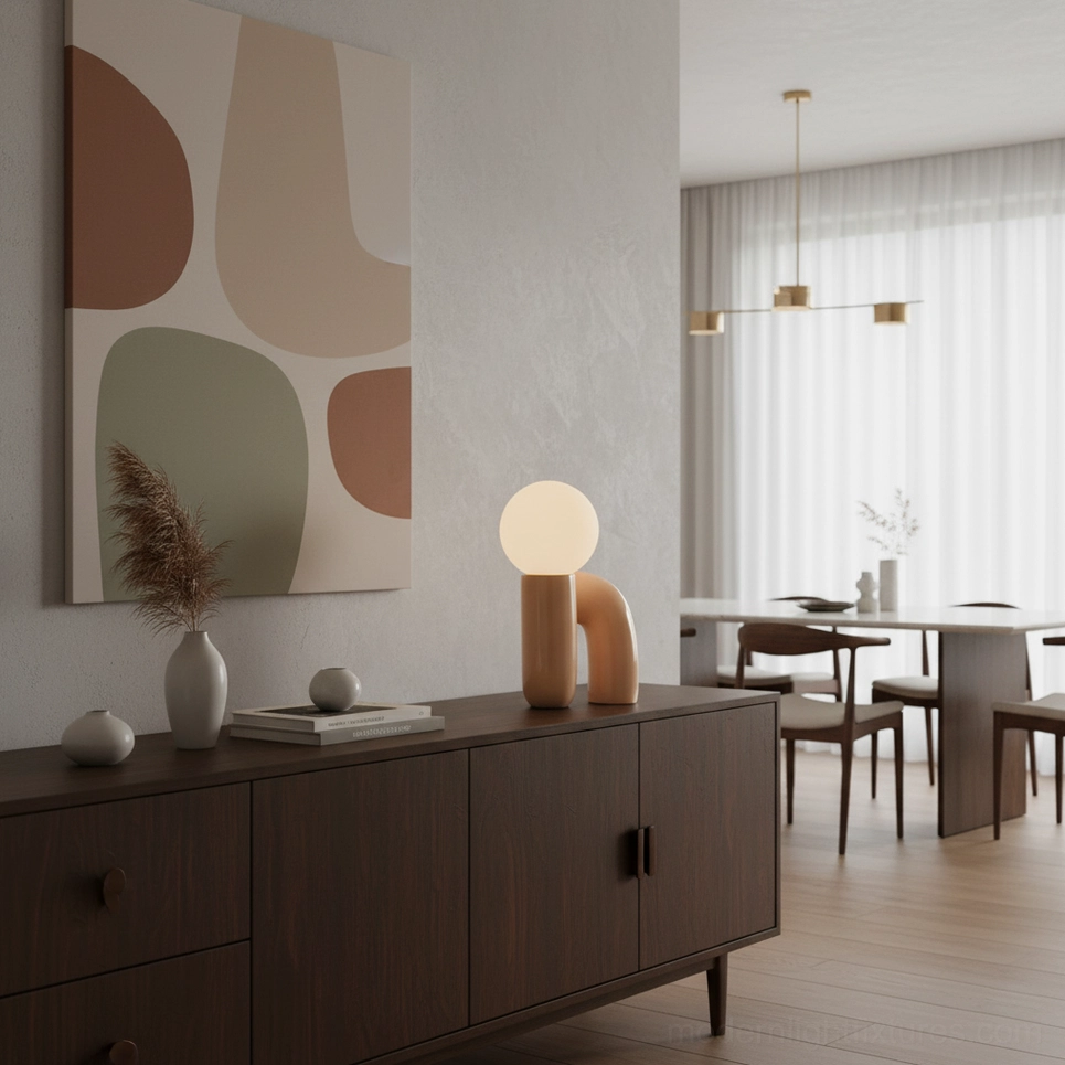 Tan brown ceramic N-shape lamp on dining room side cabinet with modern abstract art wall background