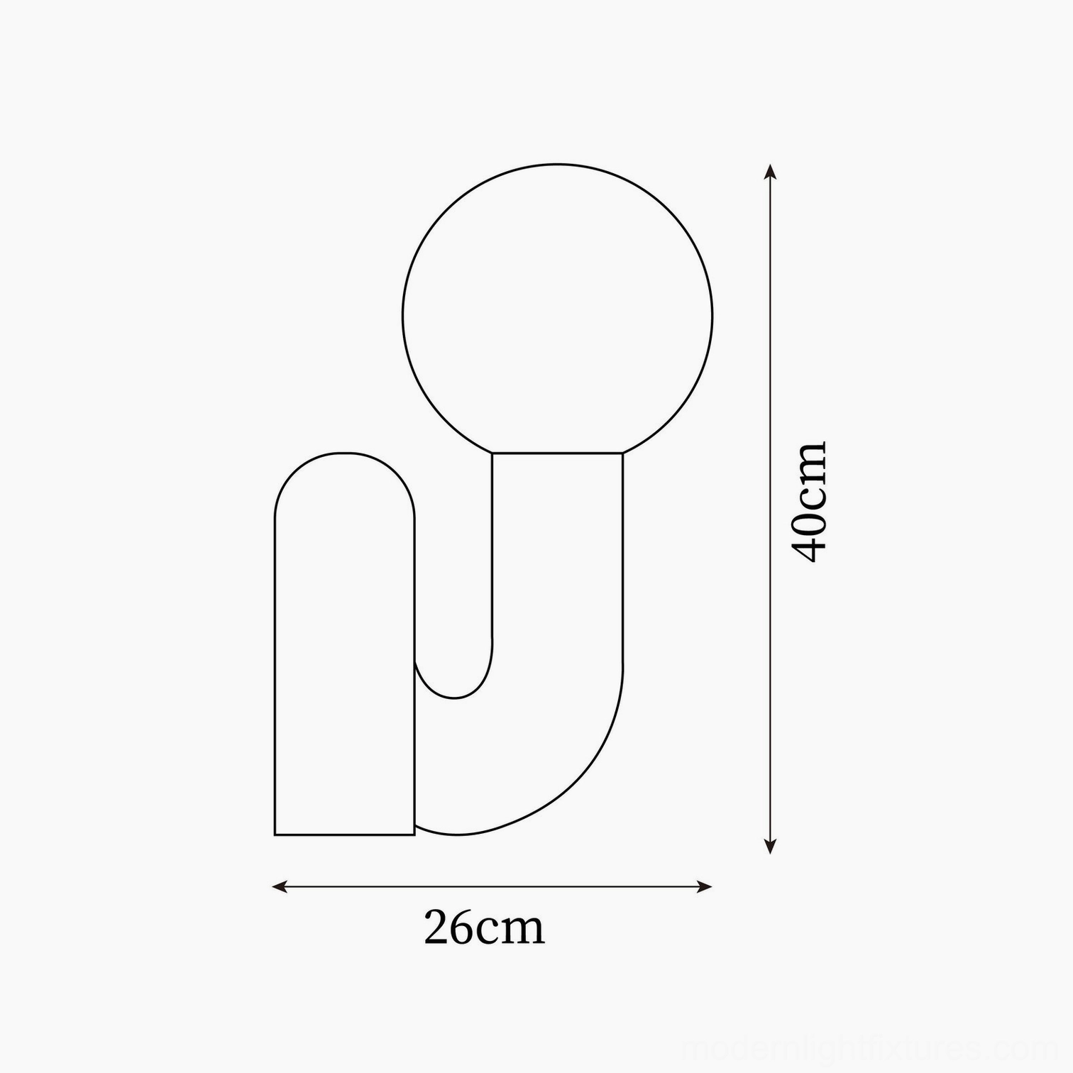 Technical dimension drawing of N-shape modern table lamp showing 40cm height and 26cm diameter specifications