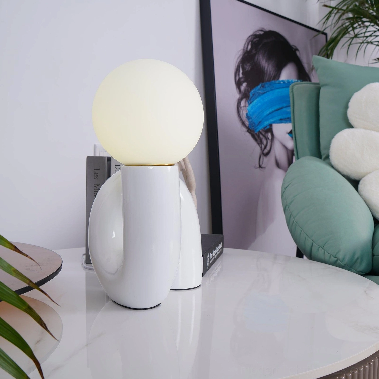 Modern N-shape glass table lamp showing white color option from multiple angles