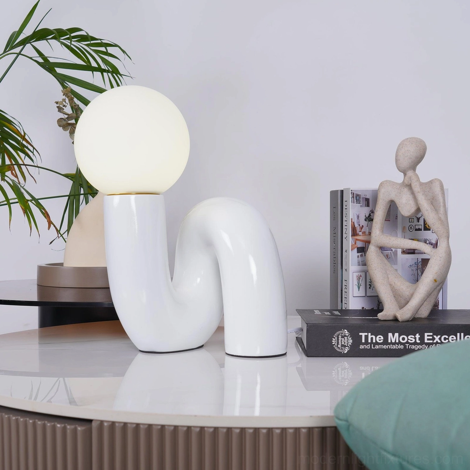 N-shape glass and ceramic table lamp white finish in minimalist bedroom accent lighting