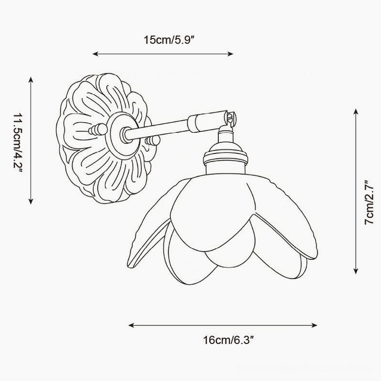 Nacre Petal Wall Sconce technical schematic drawing, dimension marks and orthographic product specifications