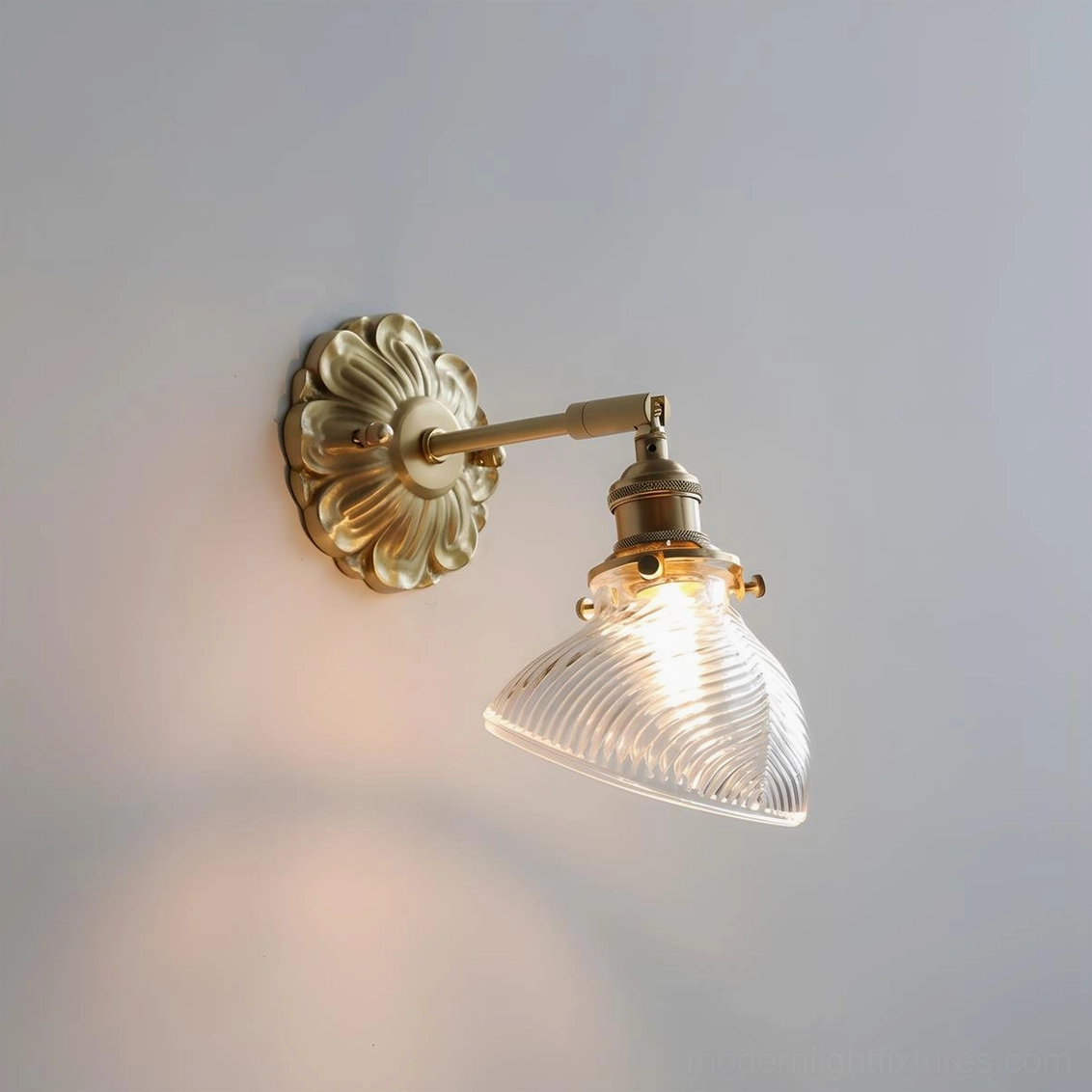 Nacre Petal Wall Sconce Model B clear glass, brass fixture full product perspective studio setup