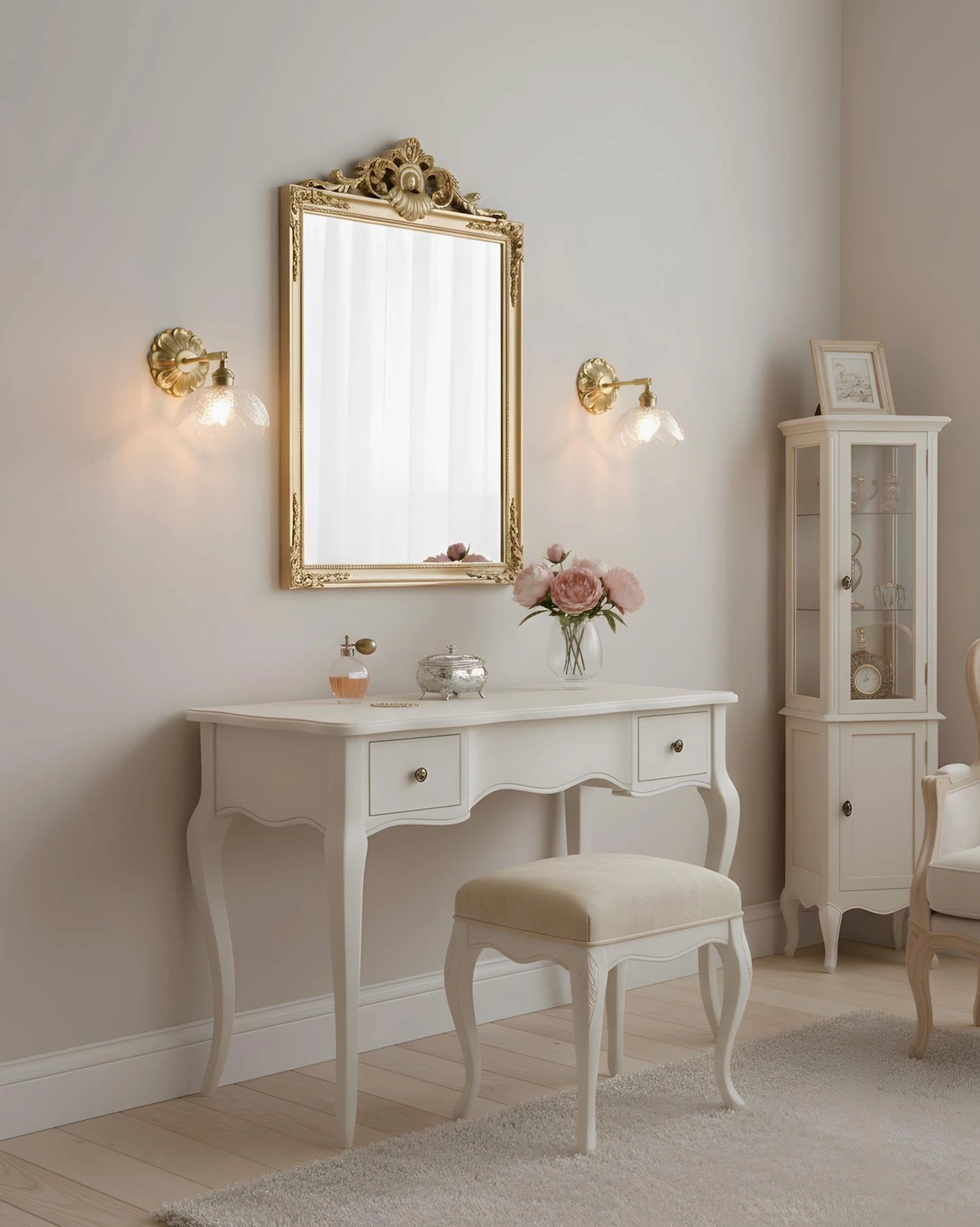 Pair of Nacre Petal Wall Sconces flanking vanity mirror in French style bathroom, brass fixture lighting setup