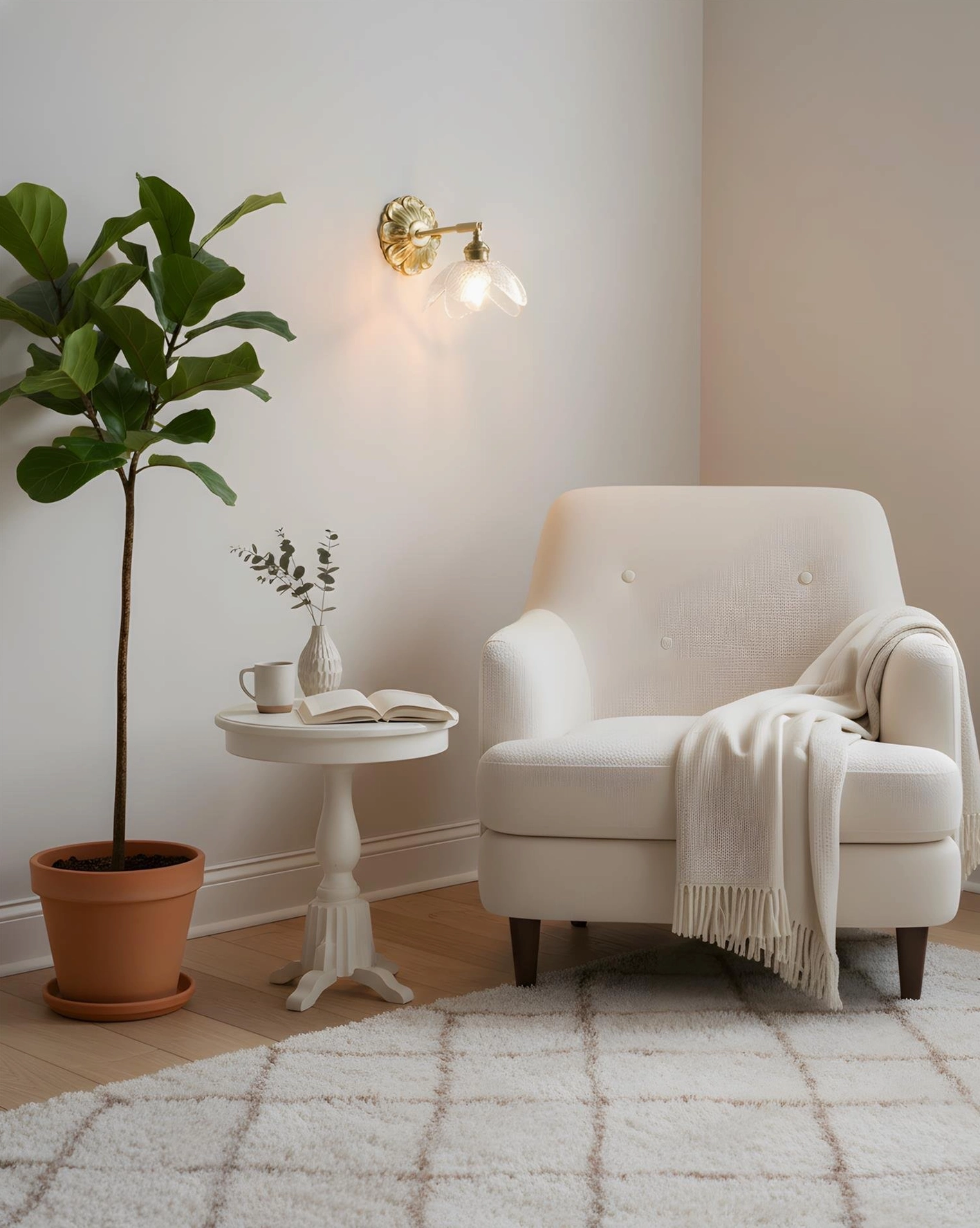 Nacre Petal Wall Sconce in bedroom beside bed, intimate reading light, brass sconce nightstand area