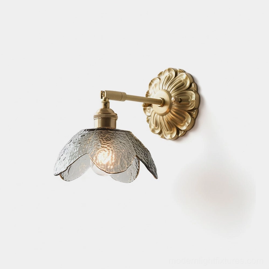 Nacre Petal Wall Sconce with brass floral base and hammered glass shade, front close-up detail view