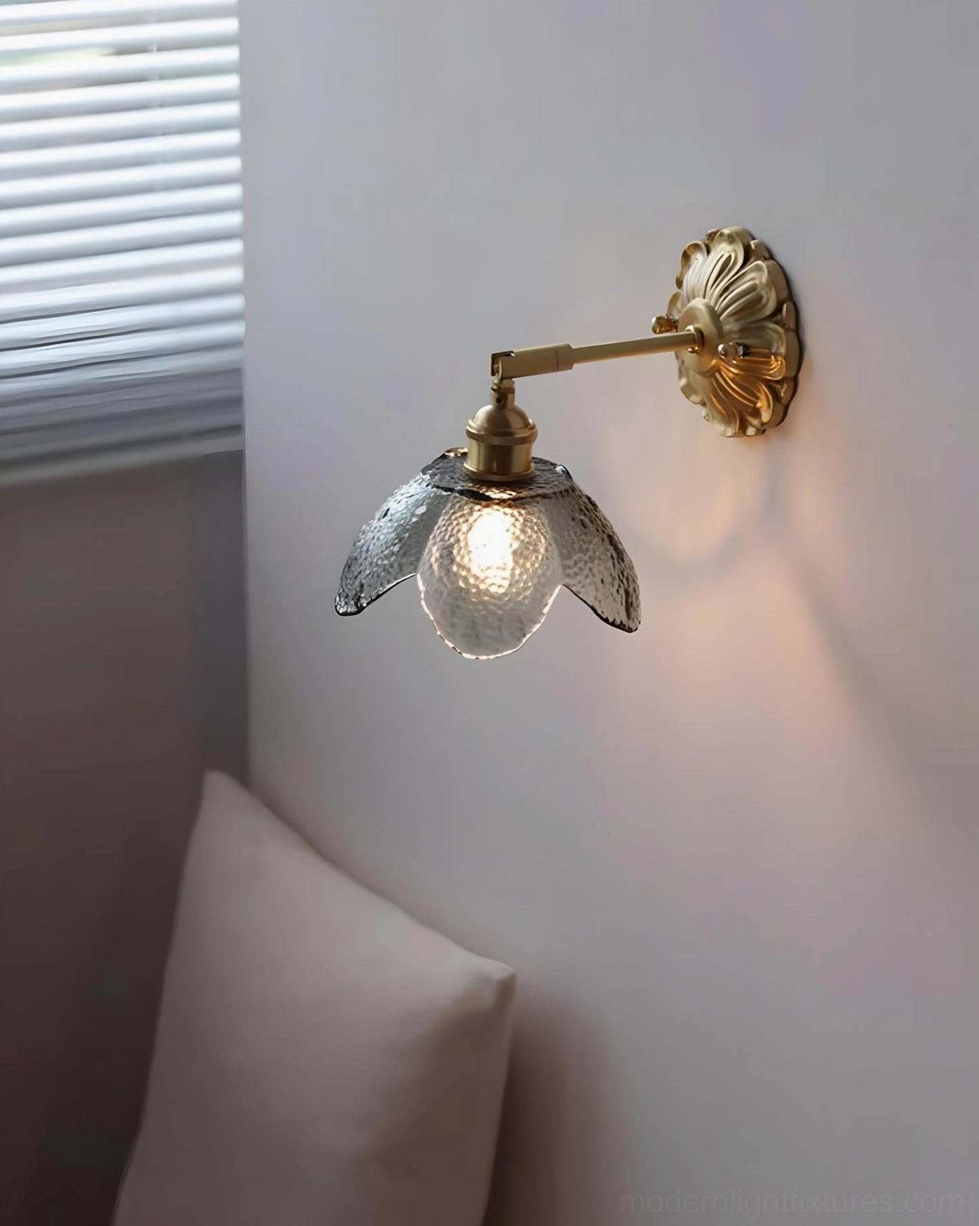 Nacre Petal Wall Sconce finish options display, brass clear green smoky gray color palette collection