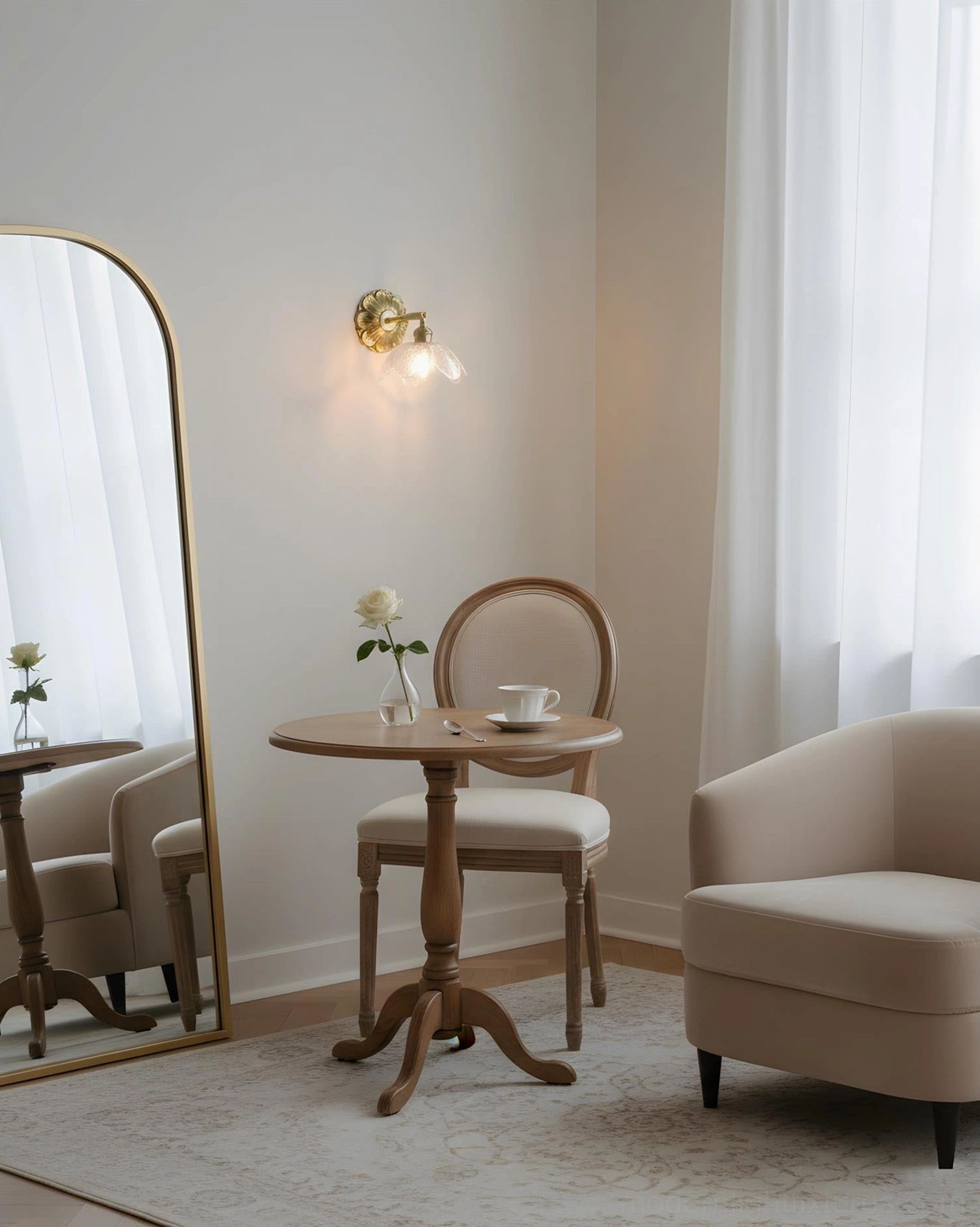 Nacre Petal Wall Sconce in French style dining nook, brass wall light above mirror, intimate dining area