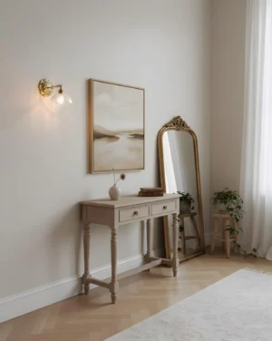 Nacre Petal Wall Sconce installed in vintage console entryway, brass sconce wall lighting in neutral interior