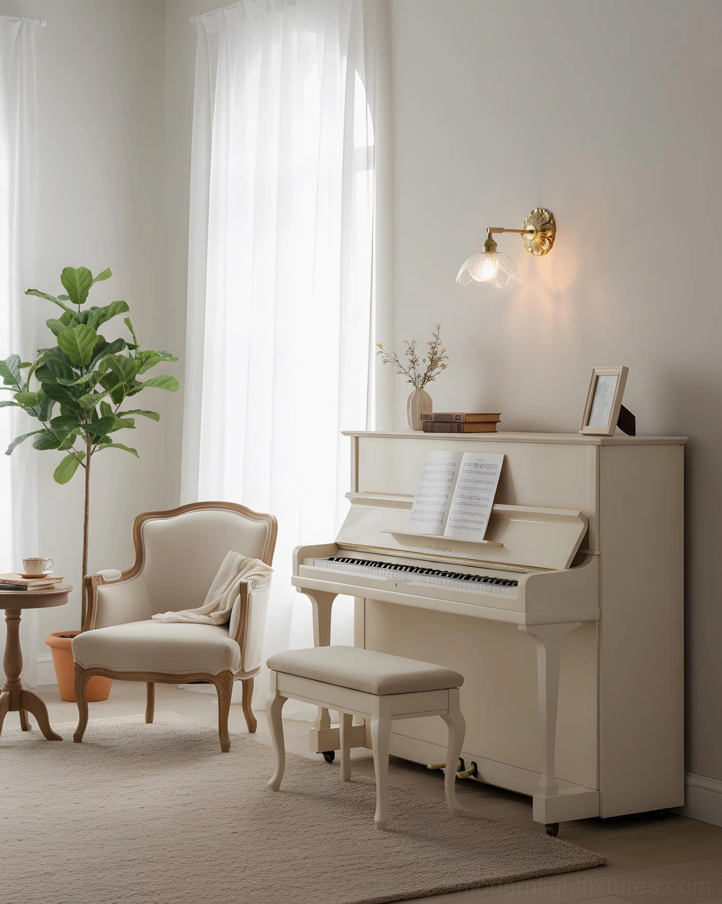Nacre Petal Wall Sconce in cozy music lounge, brass wall lamp beside piano, minimalist vintage lighting