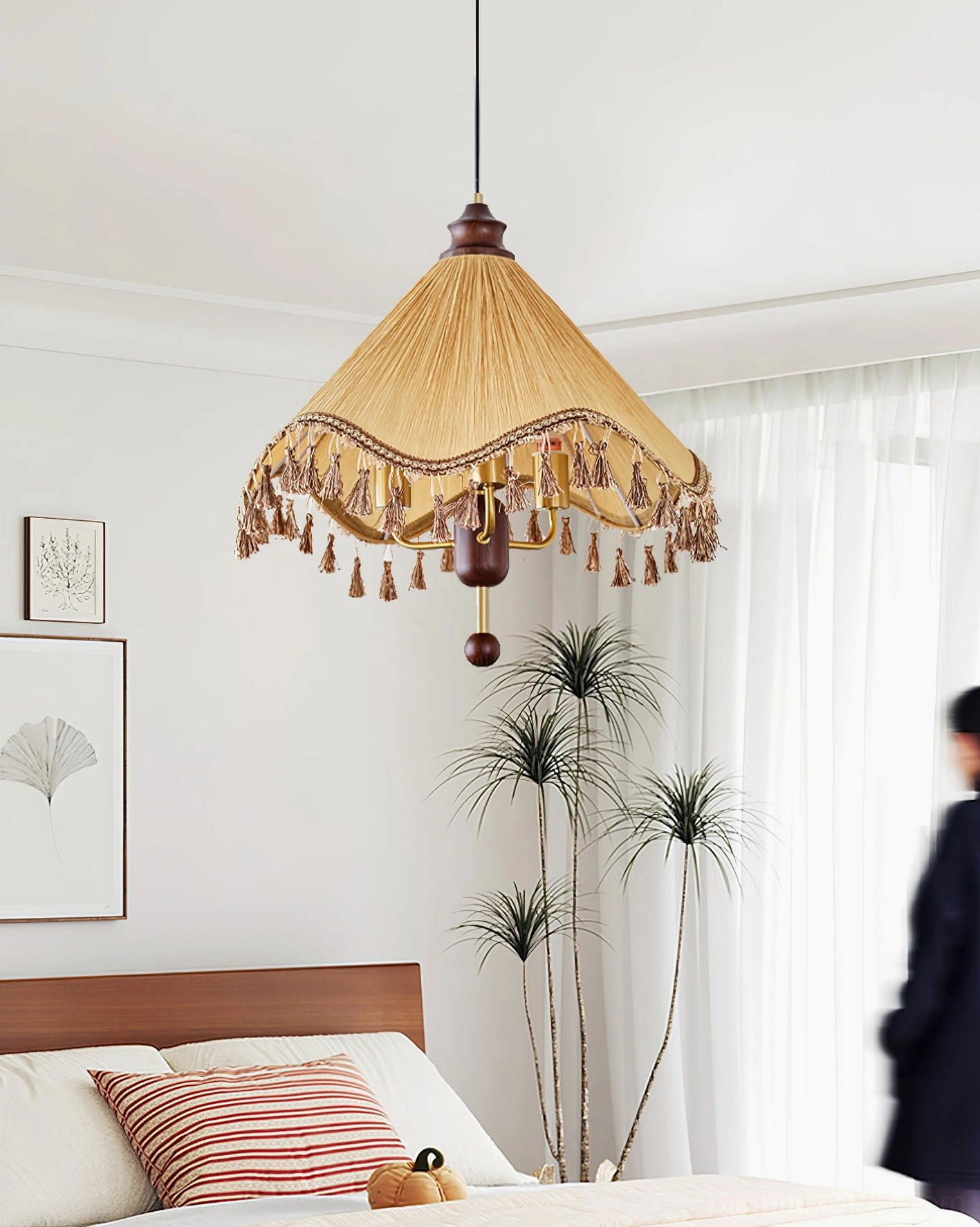 Nadia pleated fabric pendant light in minimal bohemian style hanging in modern master bedroom, warm ambient lighting effect