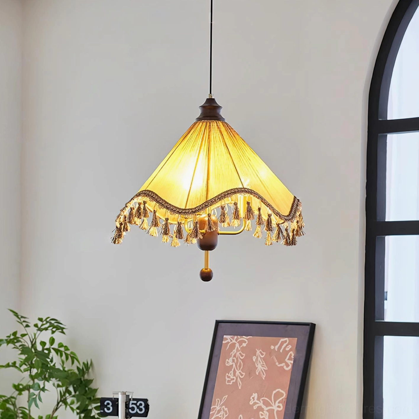 Nadia vintage bohemian pendant lamp with pleated fabric shade, showing color options in light brown and walnut finish variants