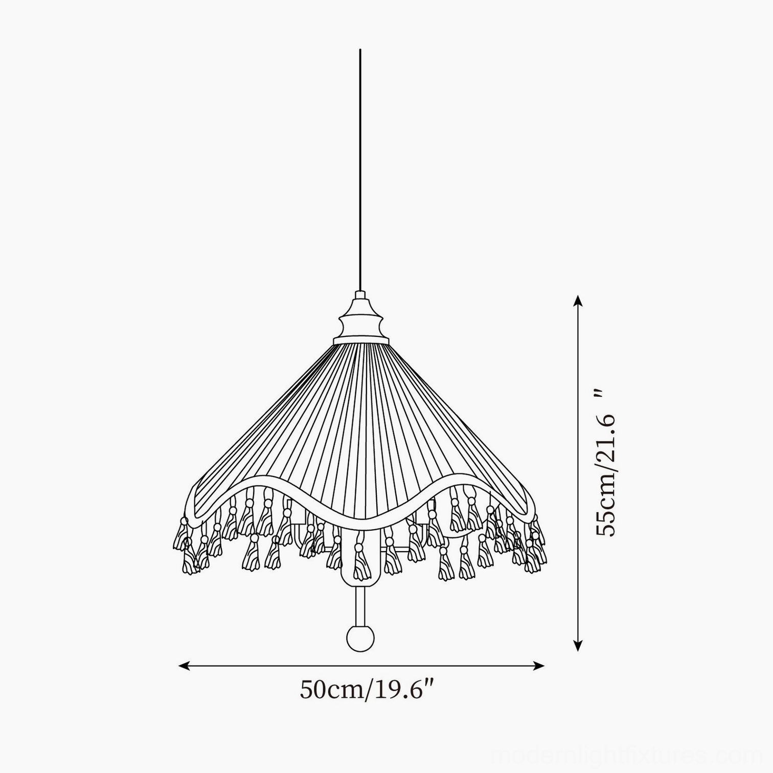 Nadia fabric pendant lamp technical schematic line drawing showing 50cm diameter and 55cm height with wavy pleated shade design
