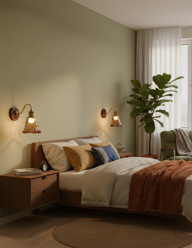 Modern amber glass wall sconce three-quarter view showing sculptural rippled shade and metal frame construction