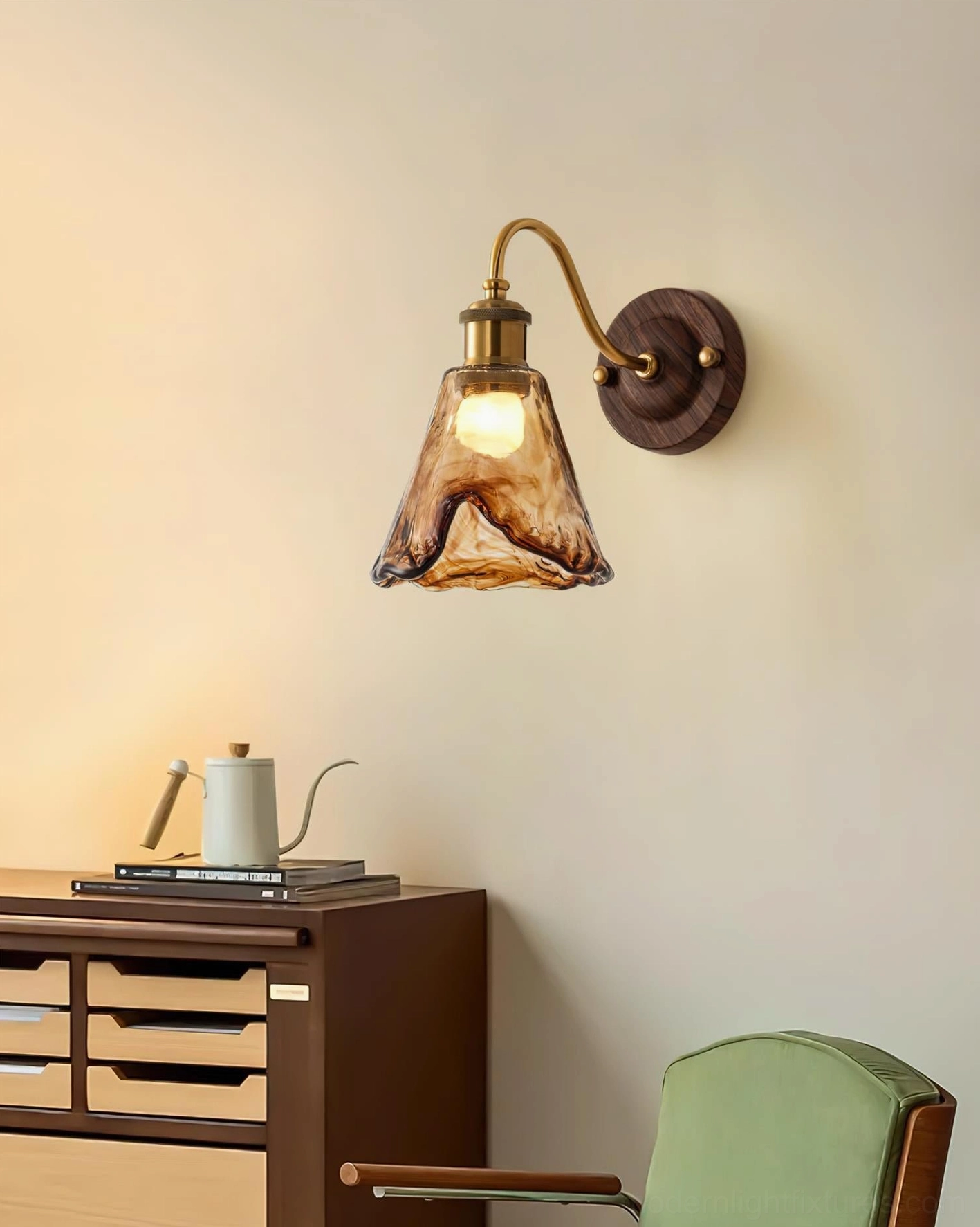 Modern amber glass wall lamp detail showing rippled shade construction and metal frame assembly