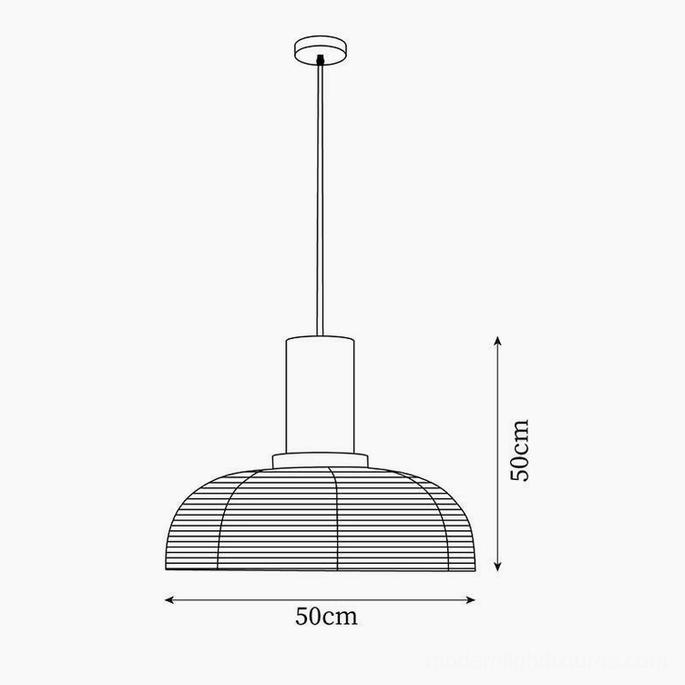 Technical CAD line drawing Nando rattan pendant, orthographic front elevation, 50cm diameter dome shade
