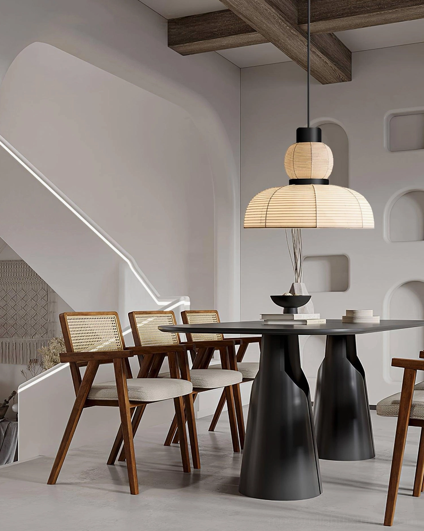 Nando woven rattan pendant lamp interior bedroom dining space, gourd-shaped layered design, warm glow