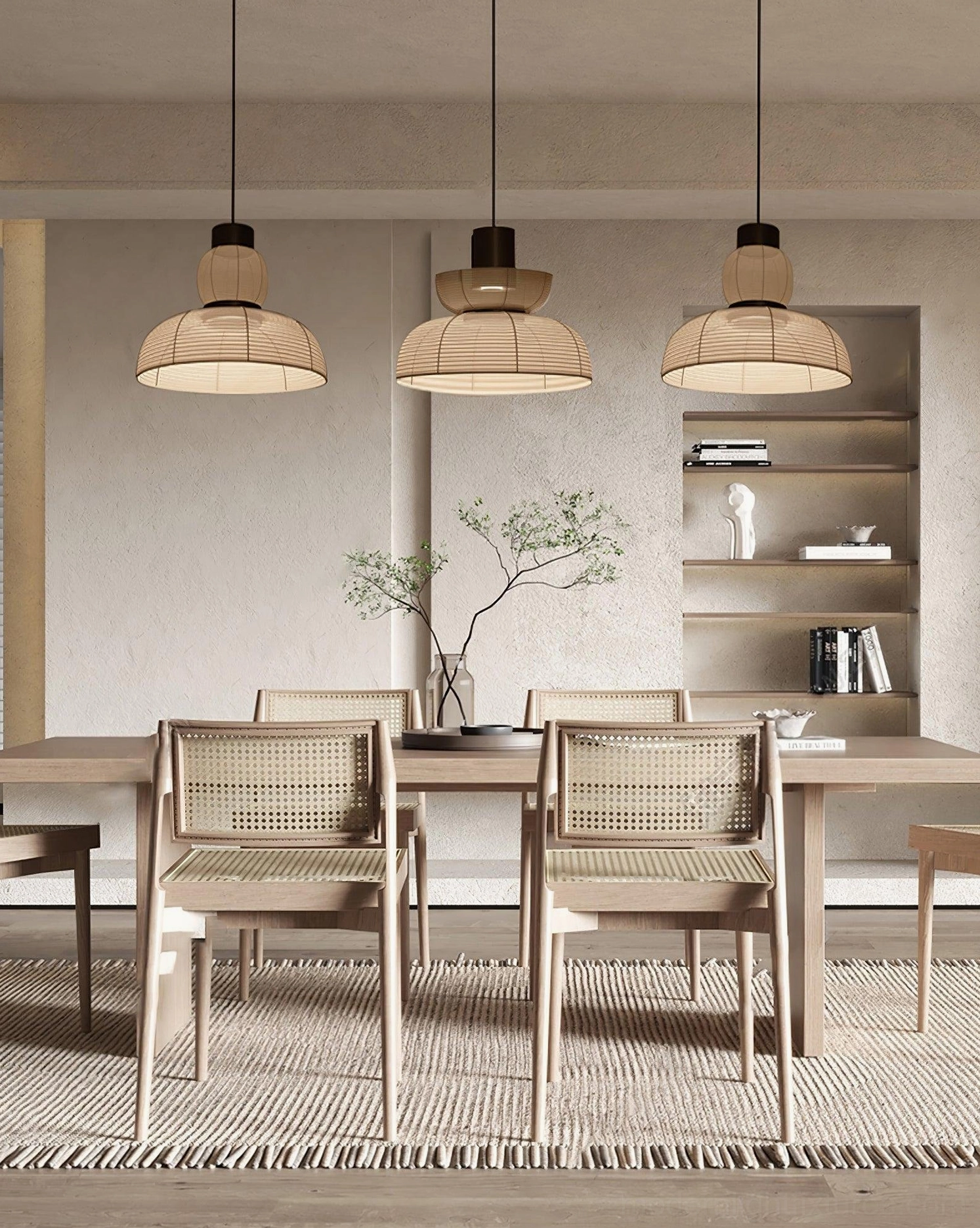 Nando rattan pendant lamp installation, warm beige woven shade, suspended ceiling mount detail