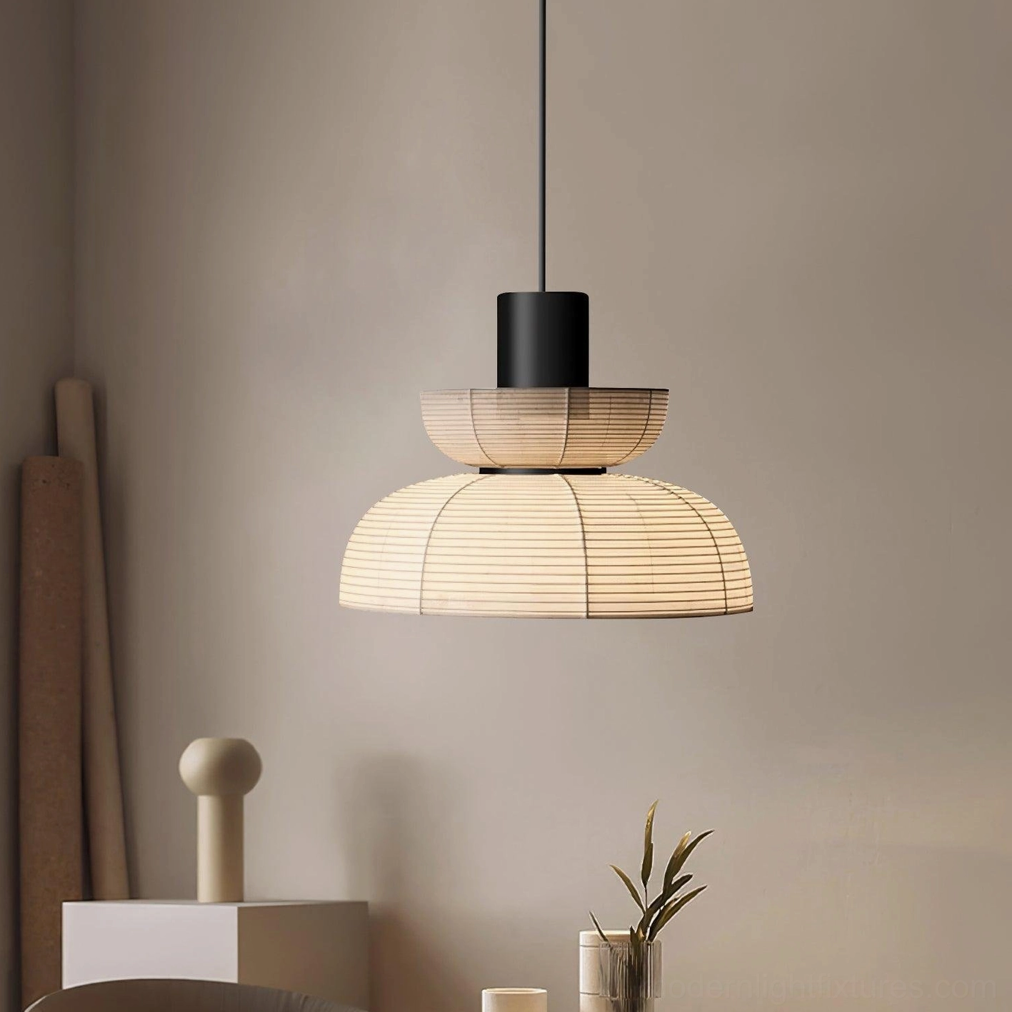 Nando woven rattan pendant light Model A, two-tier stacked design, modern minimalist pendant fixture