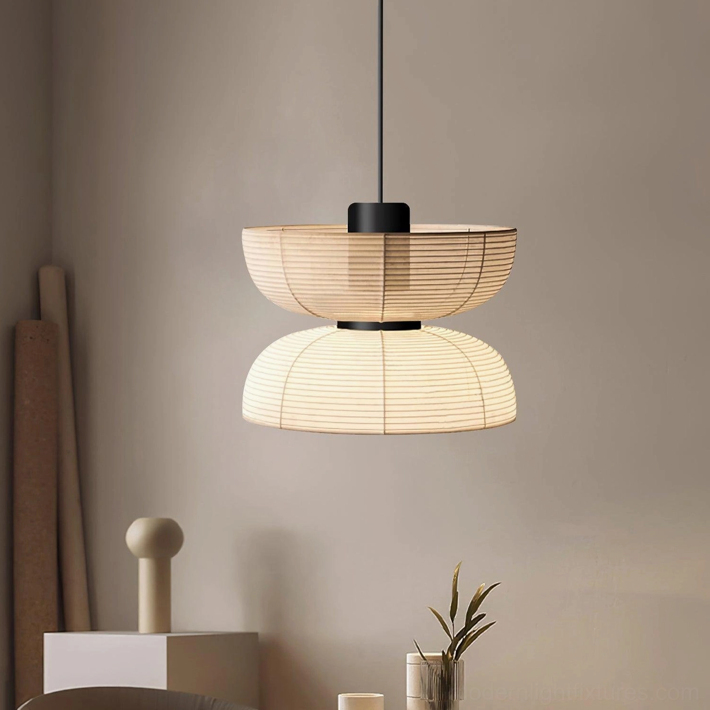 Nando rattan pendant light Model B, layered woven shade, contemporary pendant fixture, warm finish