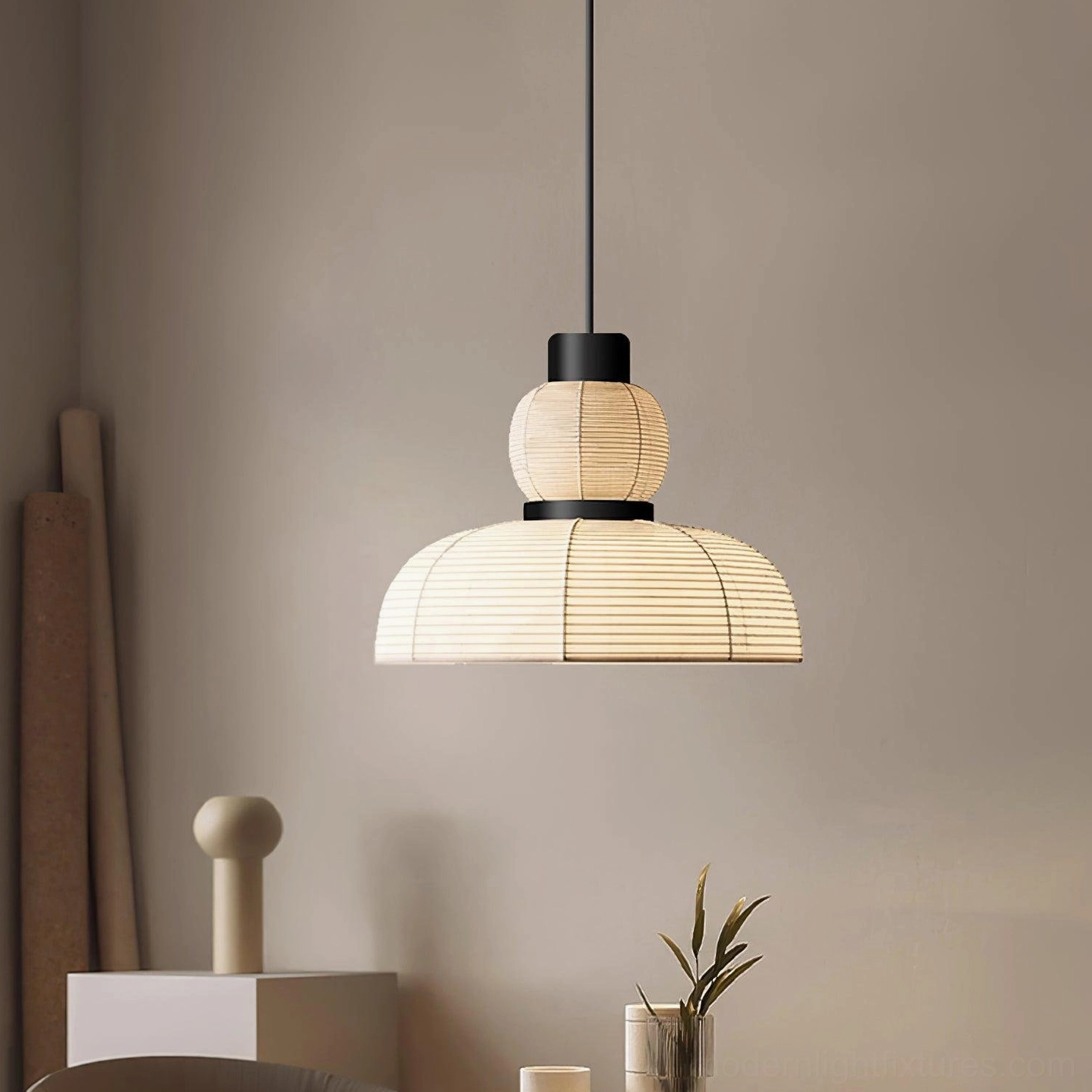 Nando modern rattan pendant light Model C, 50cm size, warm beige woven shade, suspended fixture