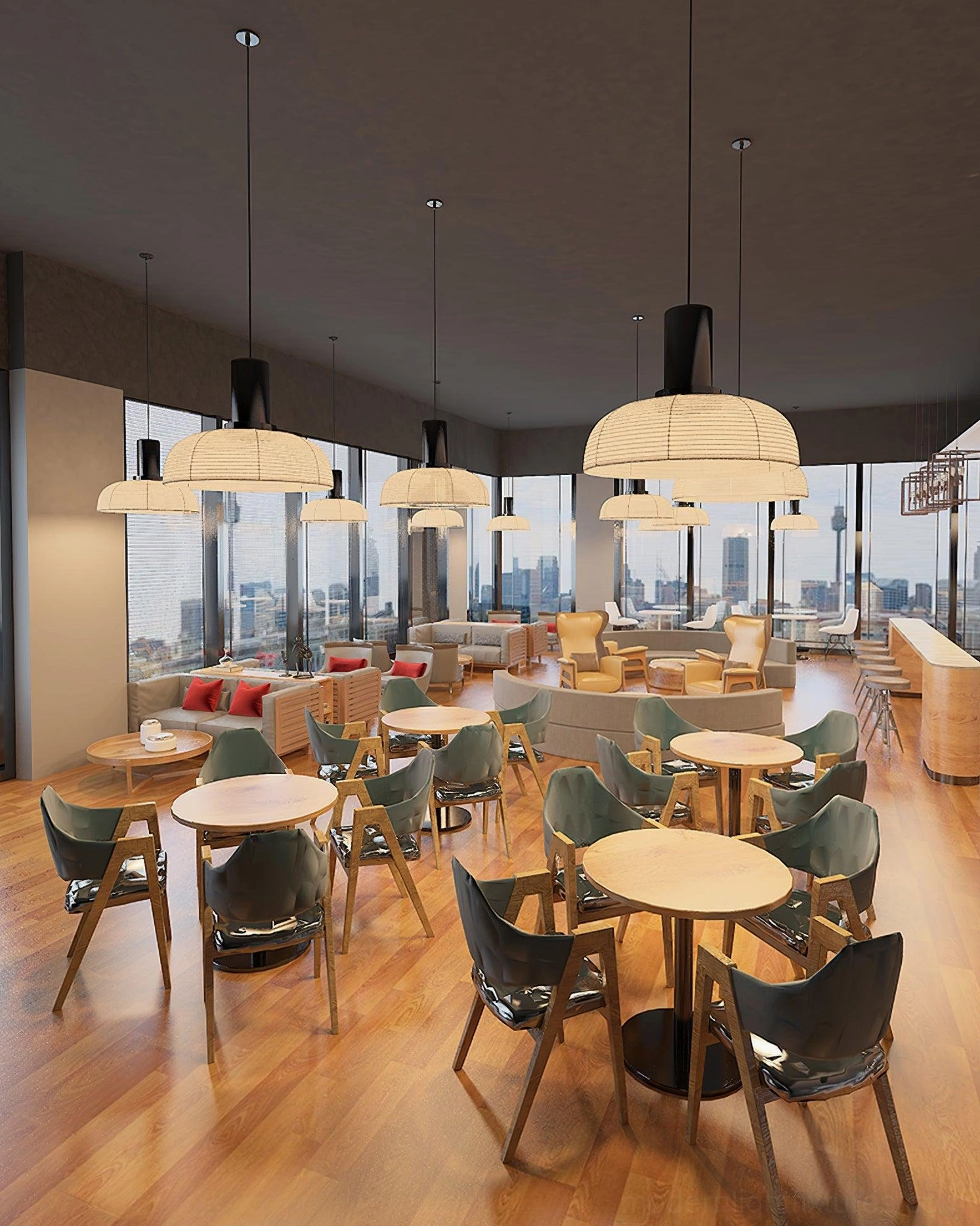 Nando modern pendant light profile view, layered woven rattan construction, minimalist black hardware