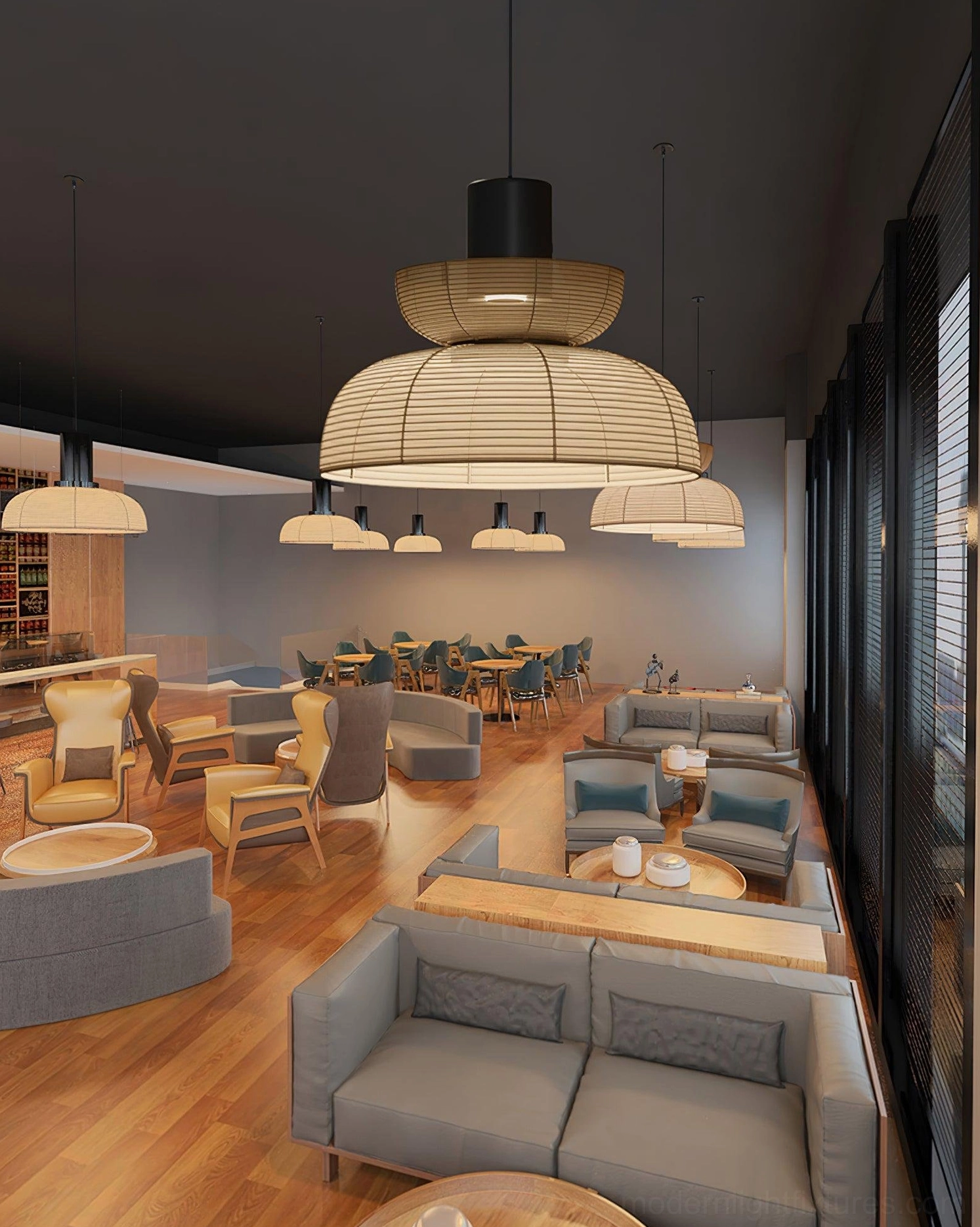 Nando rattan pendant lamp artistic display, sculptural two-tiered shade, warm light diffusion effect