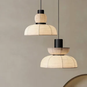 Two sizes of Nando rattan pendant lights, layered stacked design, black metal fixtures, size comparison