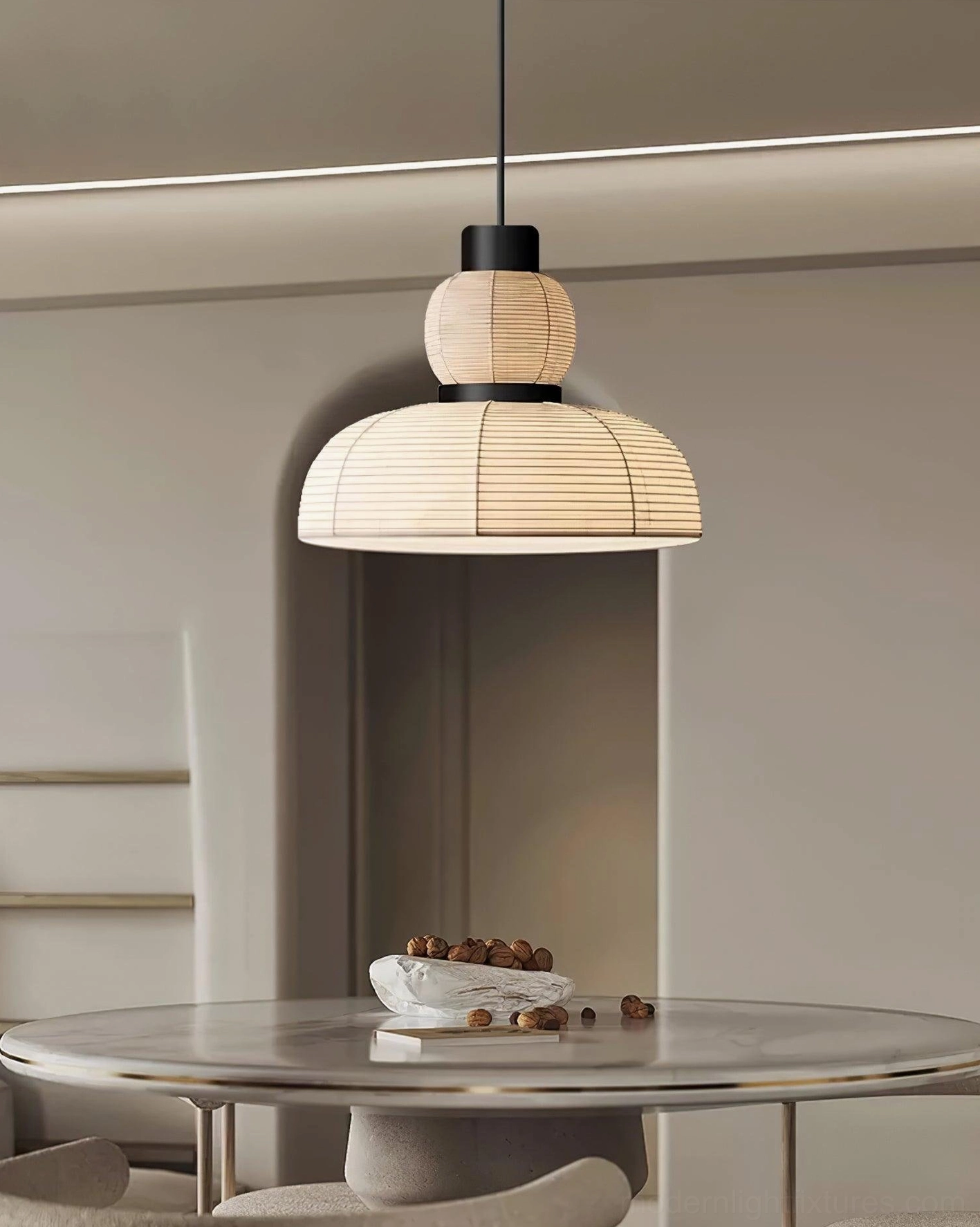 Nando pendant light fixture, two-tiered stacked woven shade, contemporary modern design