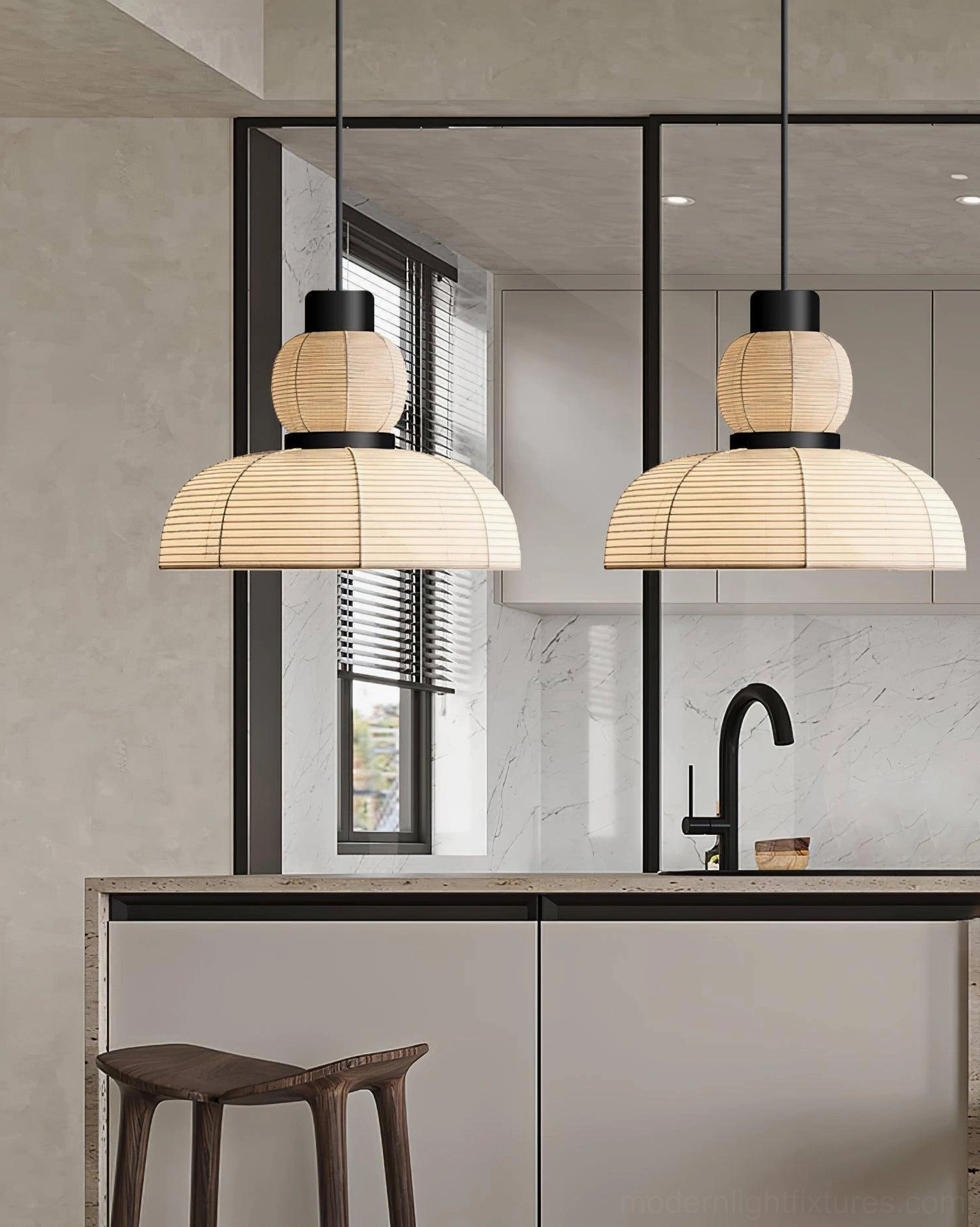 Nando rattan pendant light detail shot, natural woven texture, two-tiered stacked shade construction