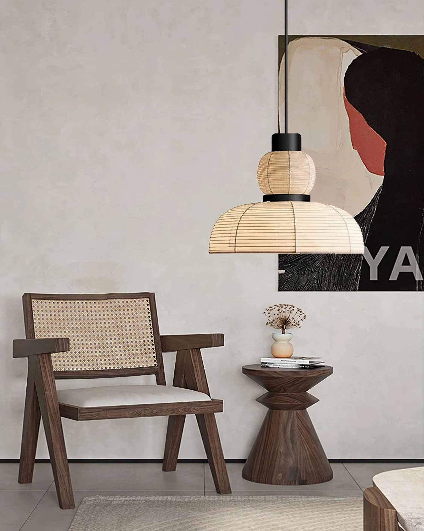 Nando woven rattan pendant lamp hanging fixture, black metal mount, geometric stacked silhouette