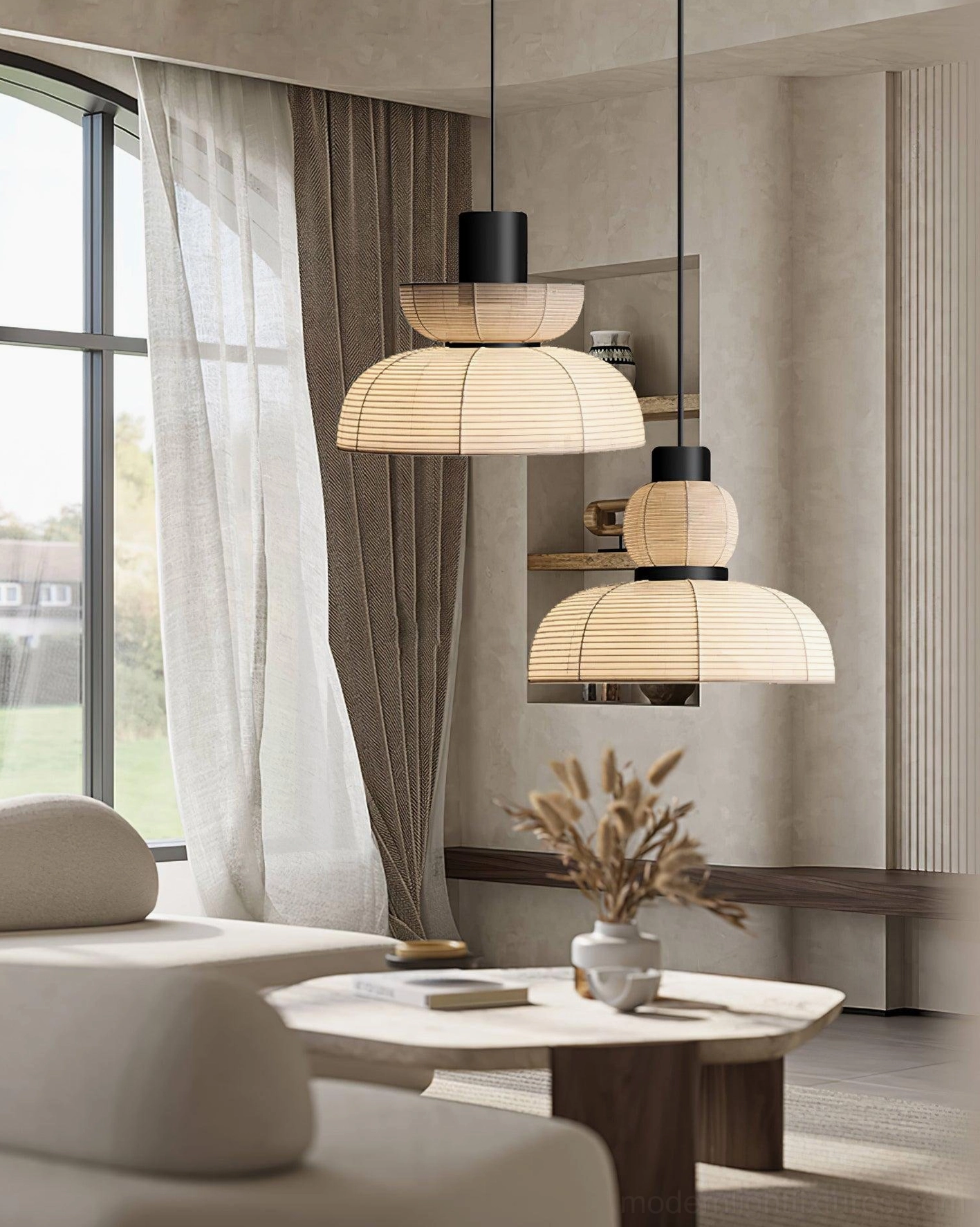 Two Nando hanging pendant lights in minimalist living room, different sizes, wabi-sabi woven texture