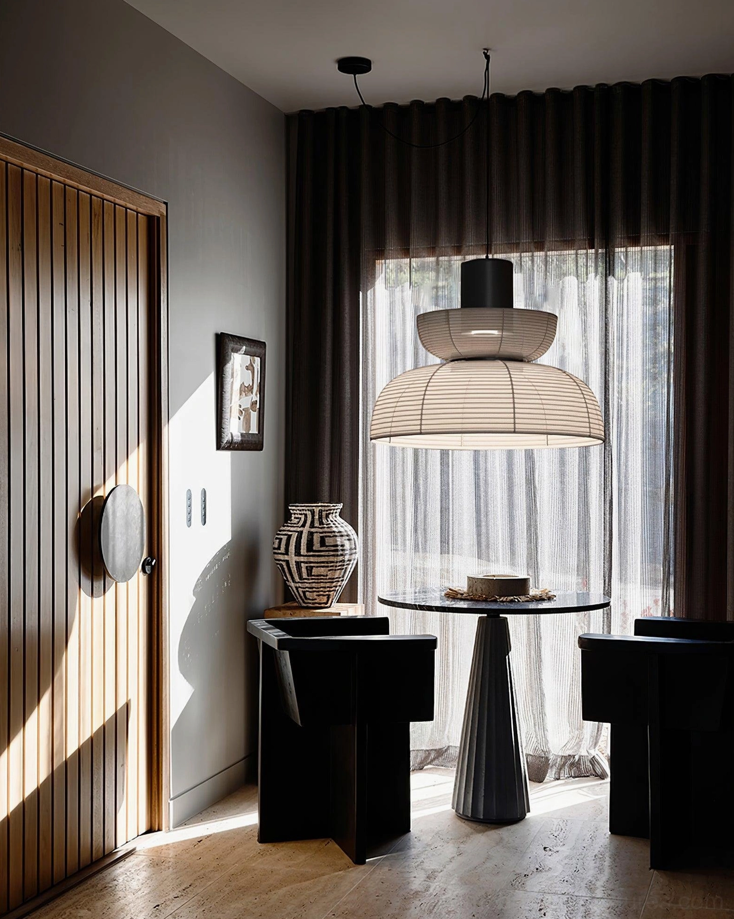 Nando modern pendant light, two-tier layered woven rattan shade, contemporary design aesthetic