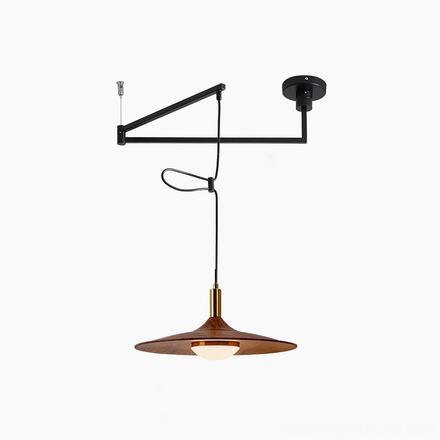 Nano adjustable pendant lamp studio shot showing matte black metal and walnut wood details