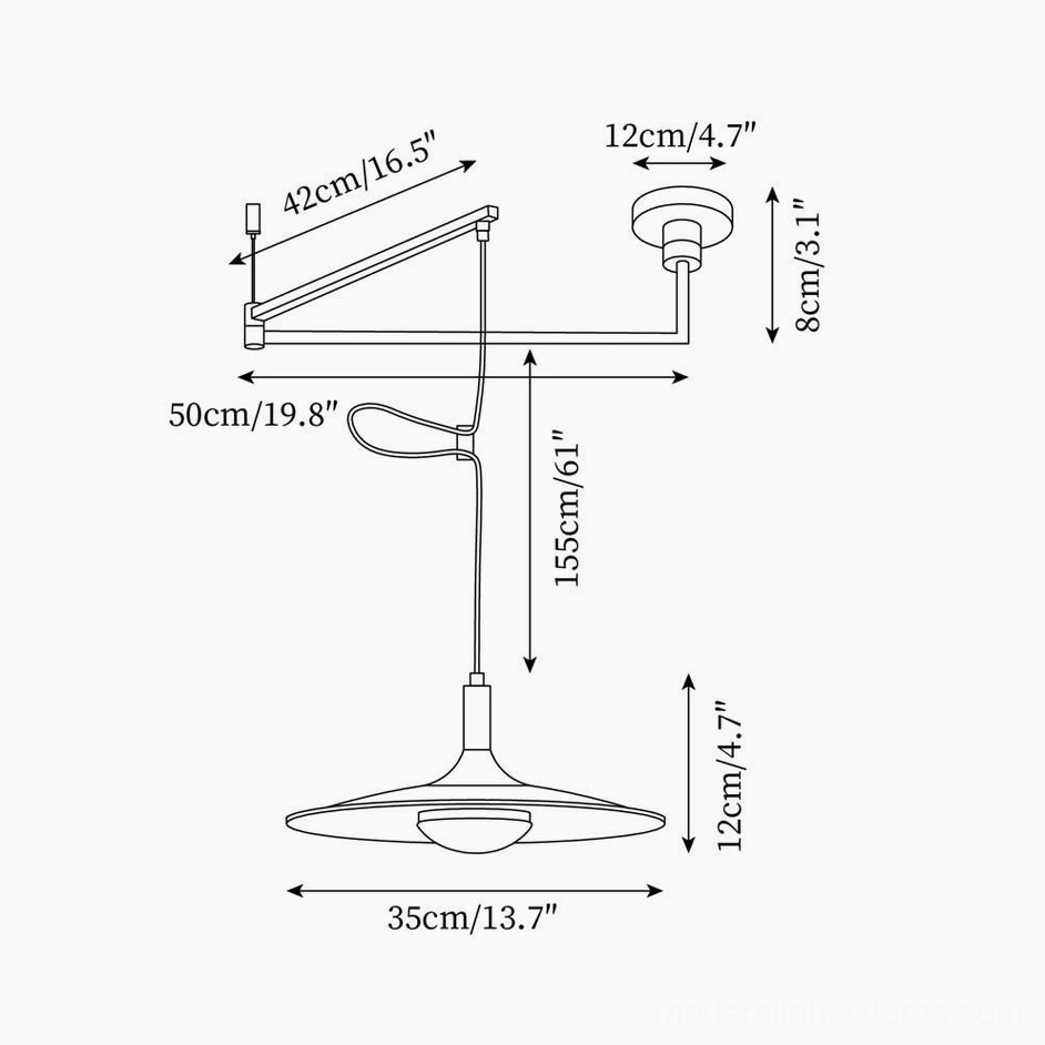 Technical dimension drawing of adjustable swing arm pendant lamp showing size specifications