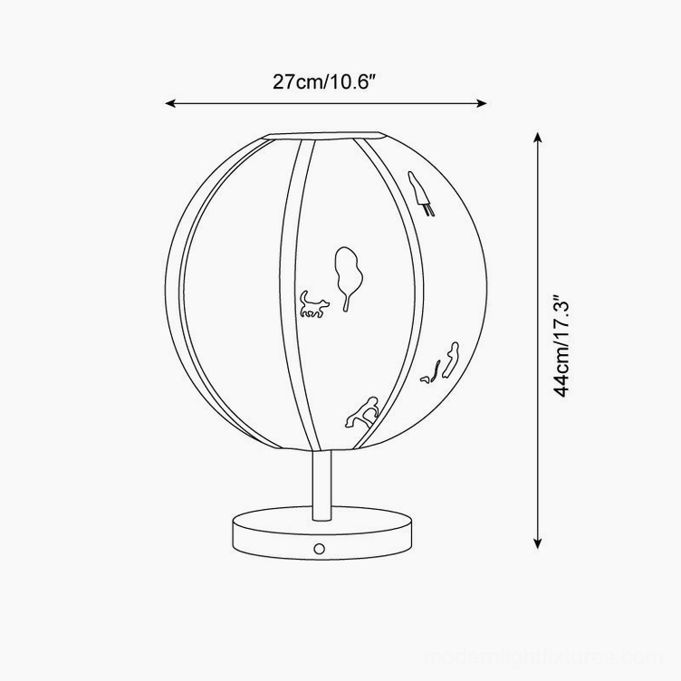Technical specification drawing of embroidered narrative table lamp showing dimensions 27cm diameter by 44cm height, chrome base and spherical shade