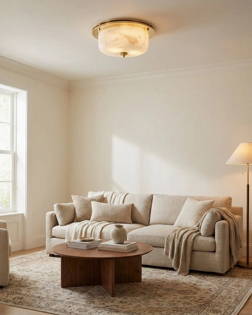 Justice natural alabaster flush mount in cozy minimalist living room with sectional sofa and round coffee table