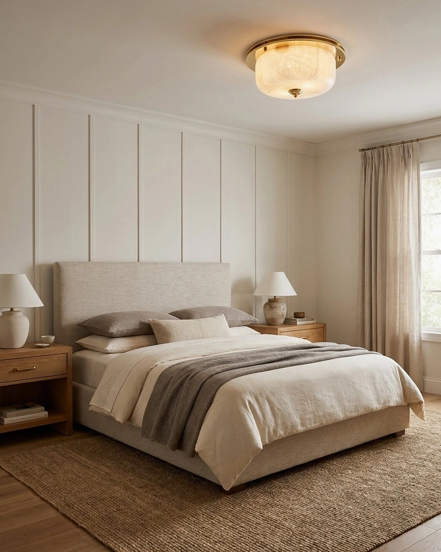 Justice natural stone ceiling light in master bedroom with paneled walls, upholstered bed, and minimalist farmhouse decor