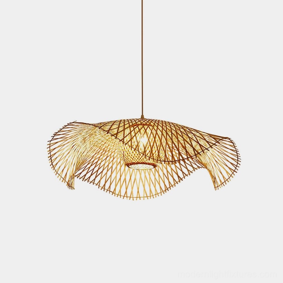 Natural bamboo lotus leaf pendant light front view highlighting hand-woven sustainable bamboo construction and irregular organic lotus form