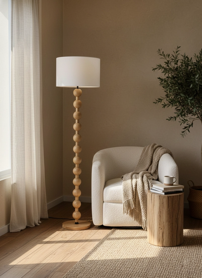 Natural wood barbell floor lamp side view in cozy living room with armchair and wooden table