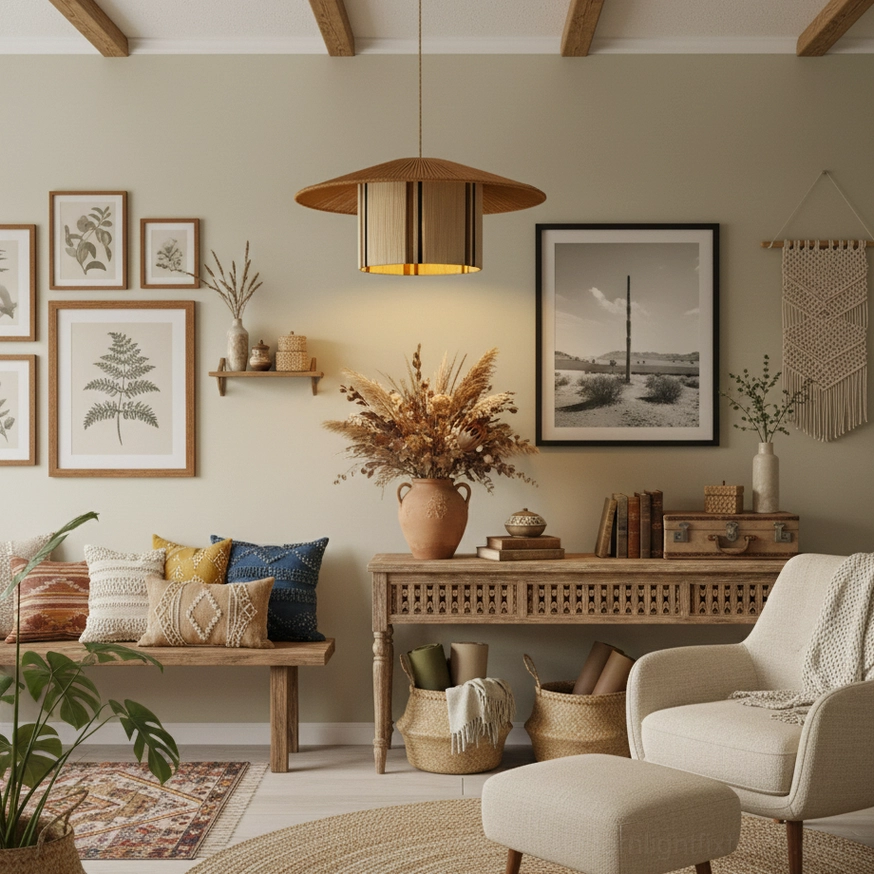 Natural fiber pendant lamp hanging installation view showing architectural silhouette and organic design form