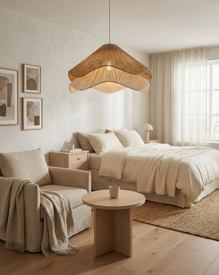Natural jute pendant light showing two-tone layered construction, tan upper cream lower fiber detail