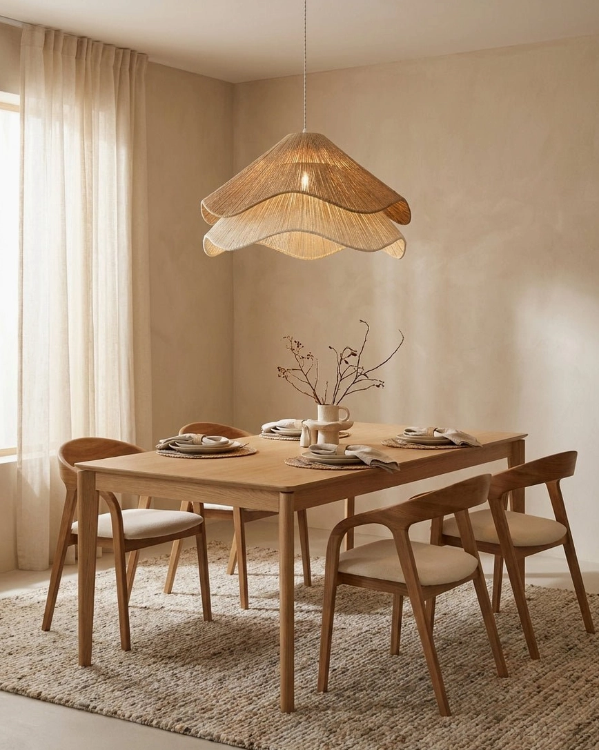 Natural jute-cord tiered pendant light above formal wooden dining table, boho minimalist interior decor