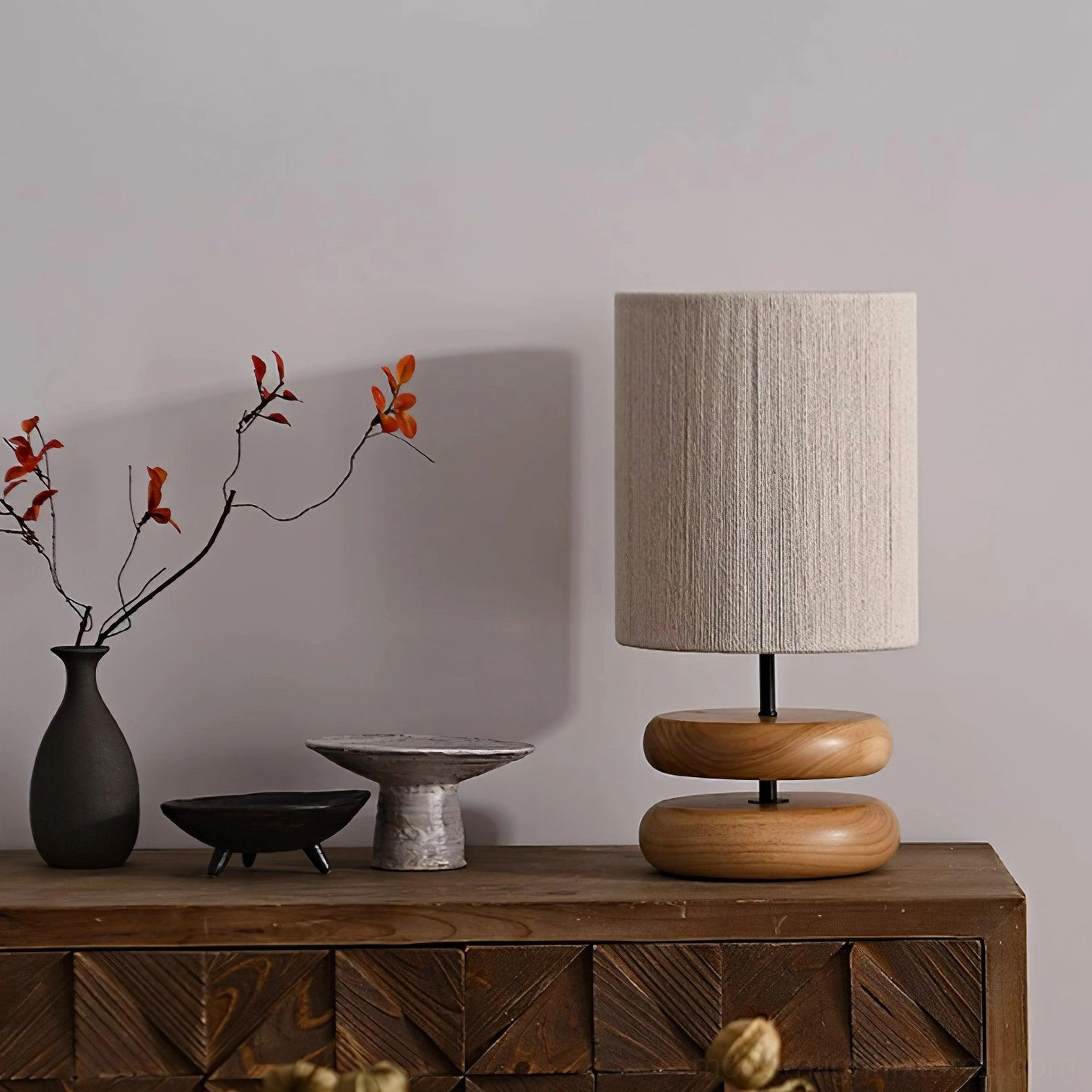 Natural light wood table lamp with warm fabric shade for home decor